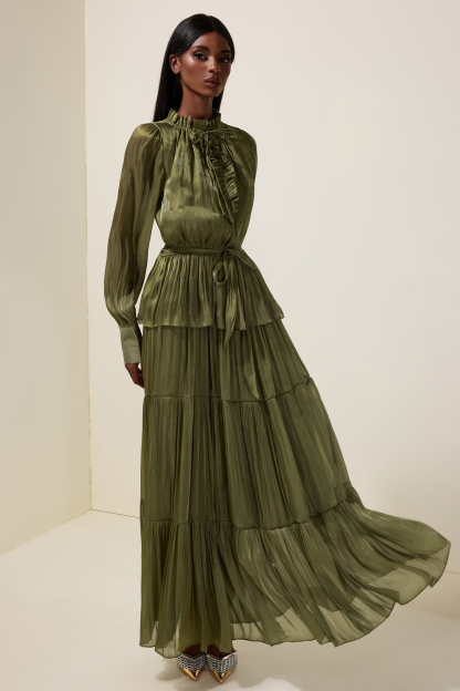 Satin Ruffle Long Sleeve Maxi Dress With Belt