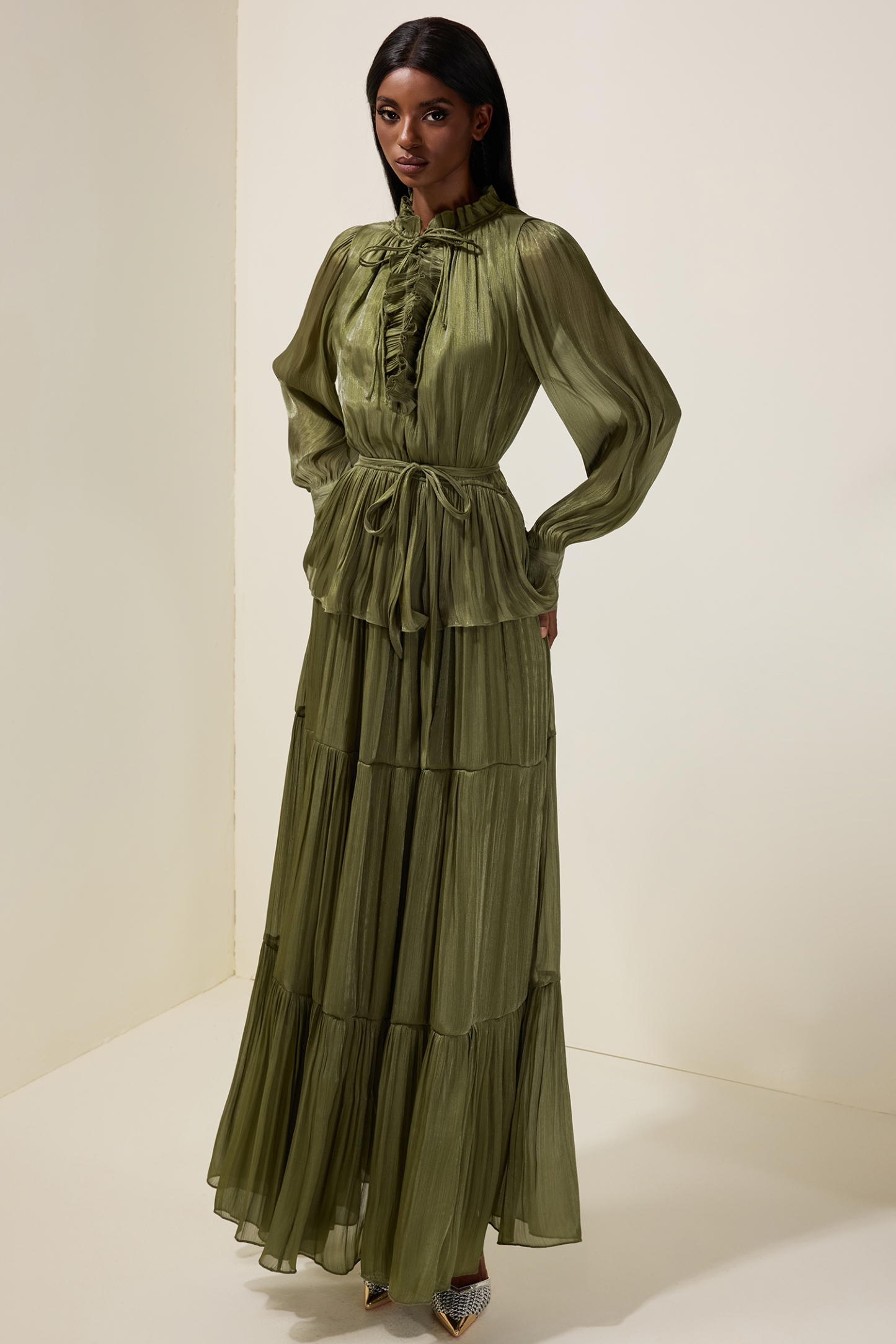 Satin Ruffle Long Sleeve Maxi Dress With Belt