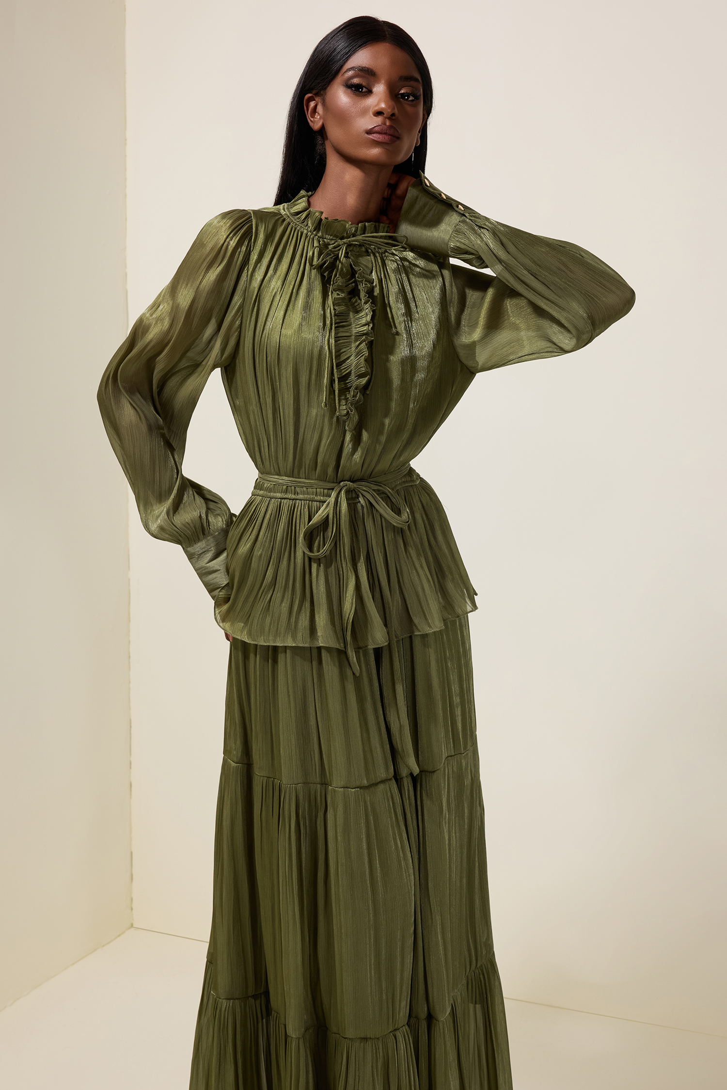 Satin Ruffle Long Sleeve Maxi Dress With Belt