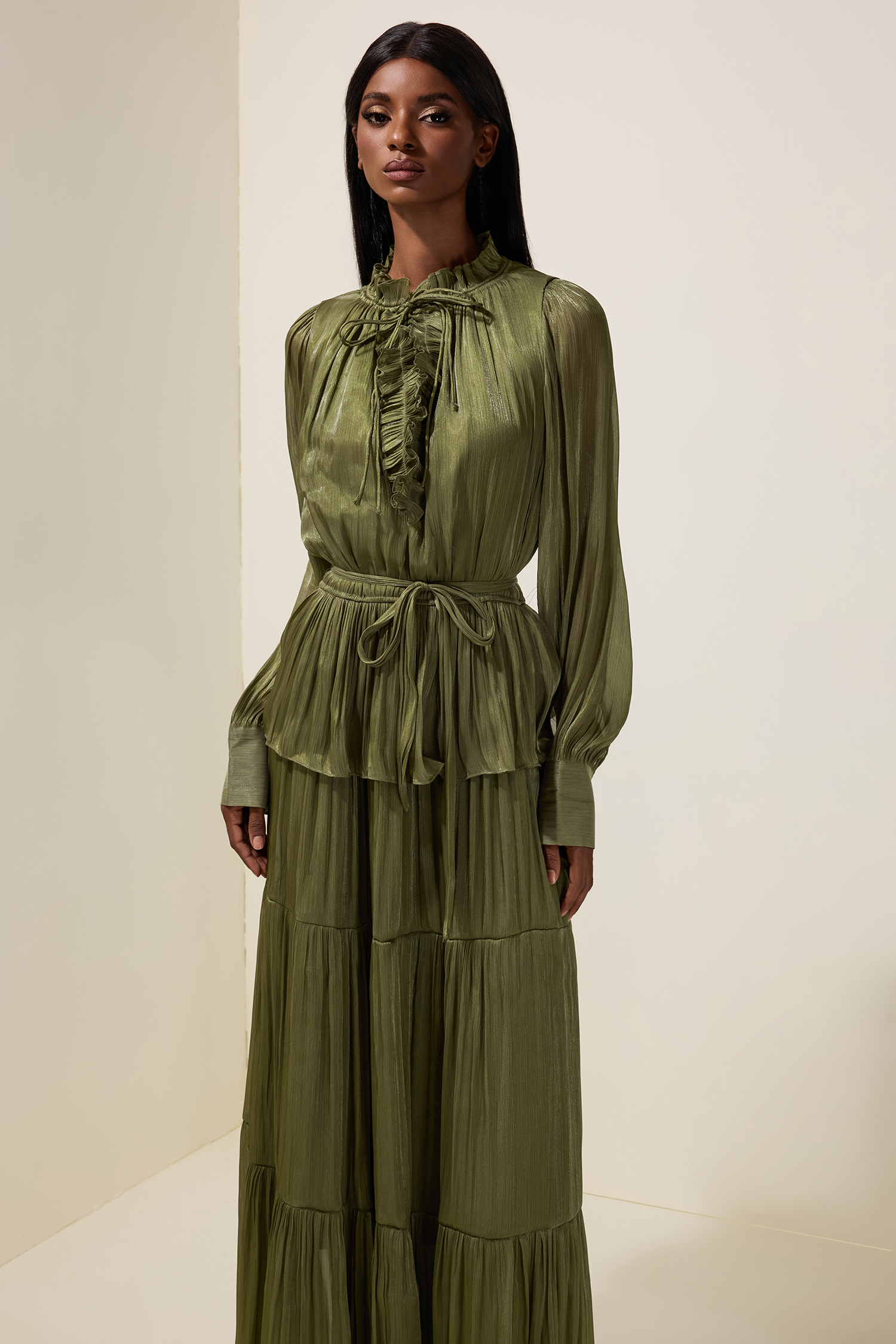 Satin Ruffle Long Sleeve Maxi Dress With Belt
