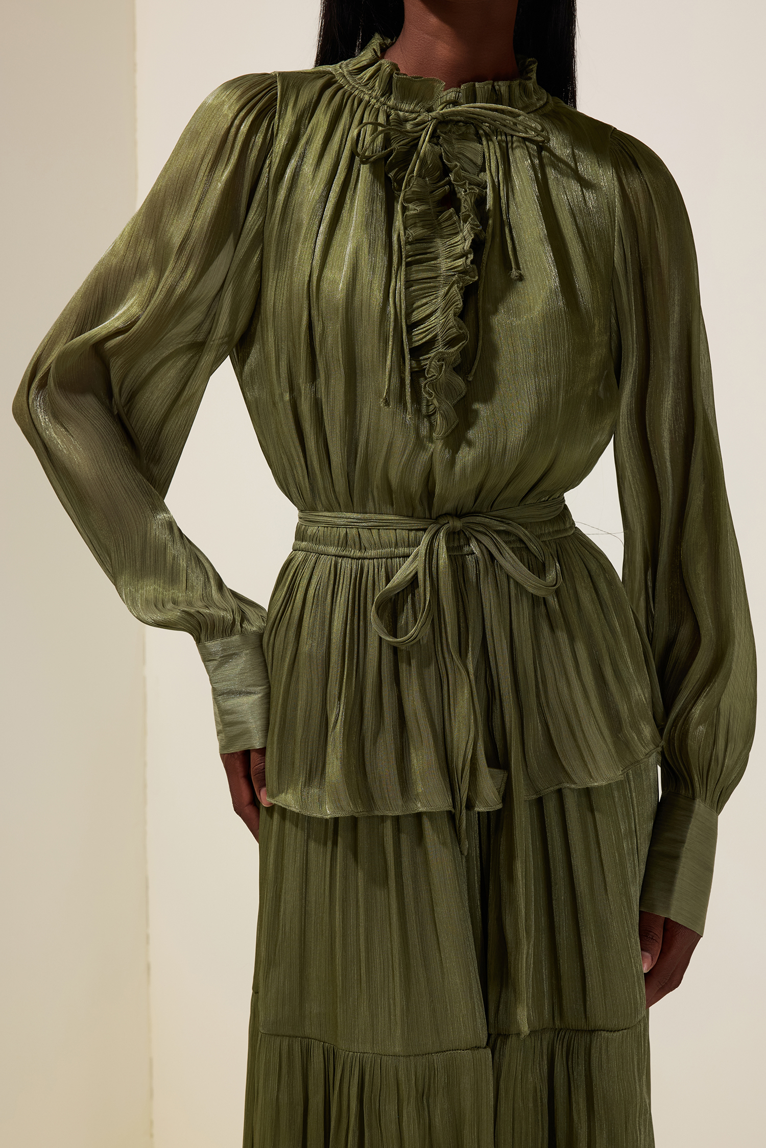 Satin Ruffle Long Sleeve Maxi Dress With Belt