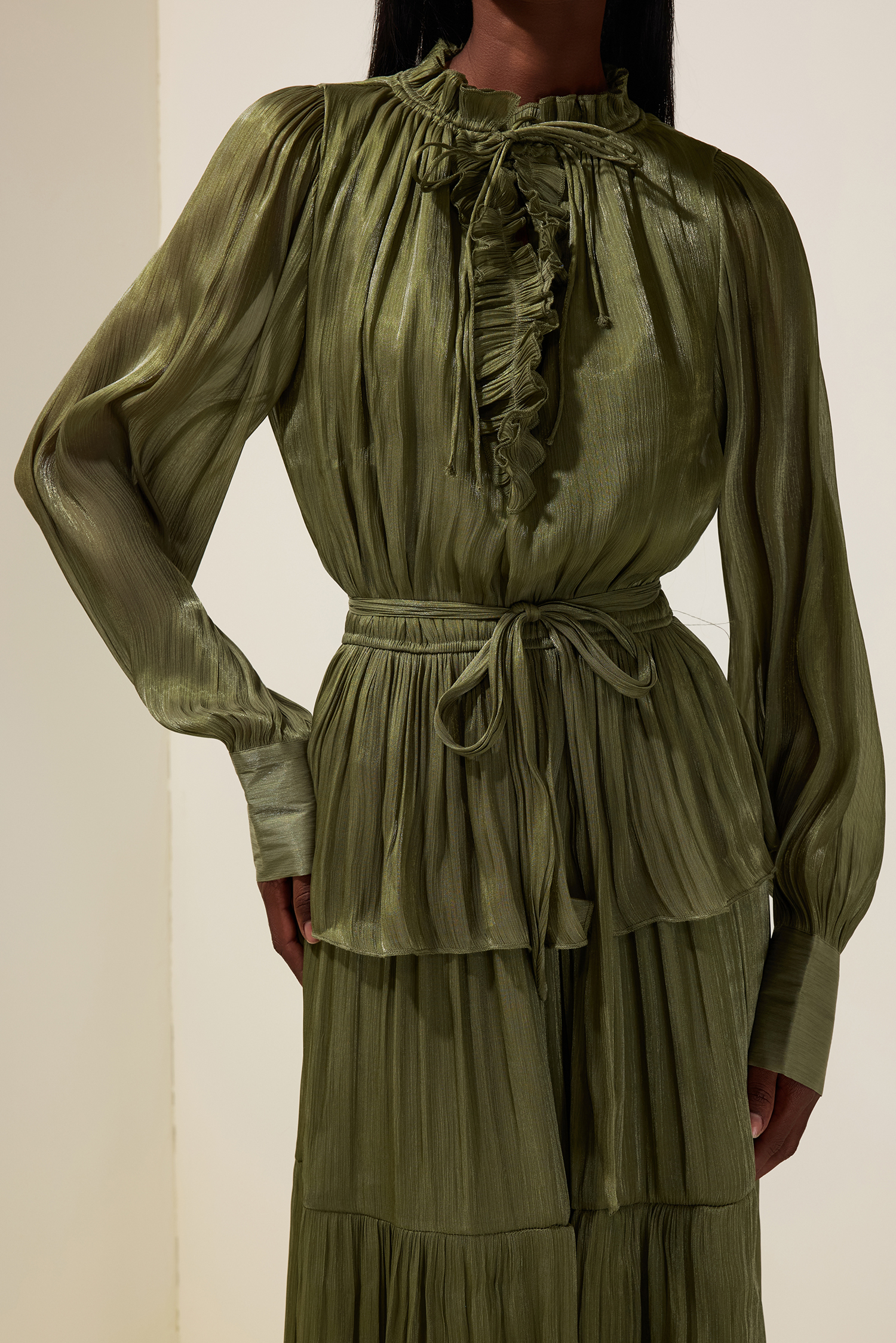 Satin Ruffle Long Sleeve Maxi Dress With Belt