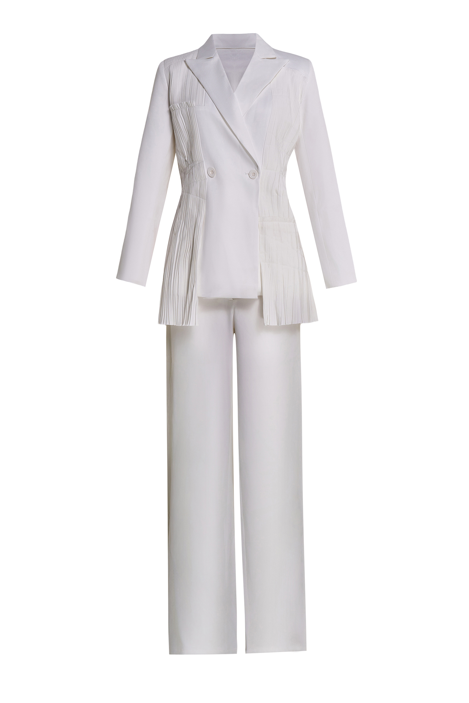 Pleat Solid Tailored Collar Blazer & High Waist Loose Pants Set