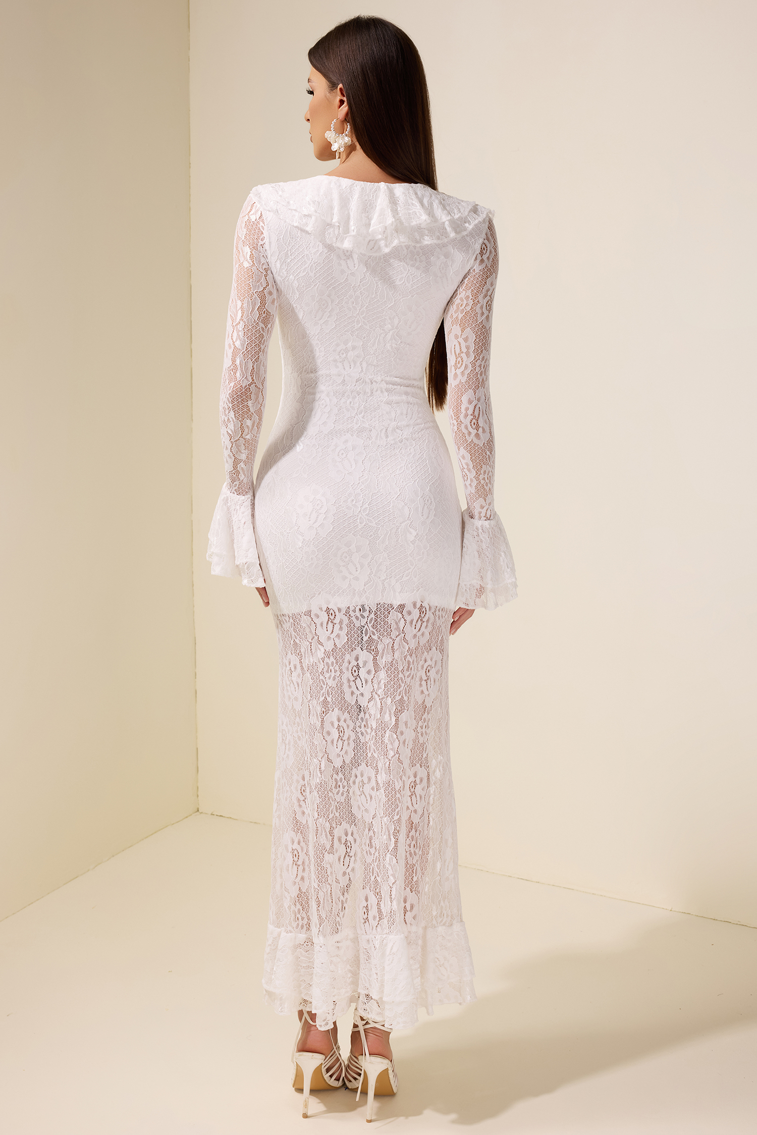 Lace Ruffle Long Sleeve Midi Dress