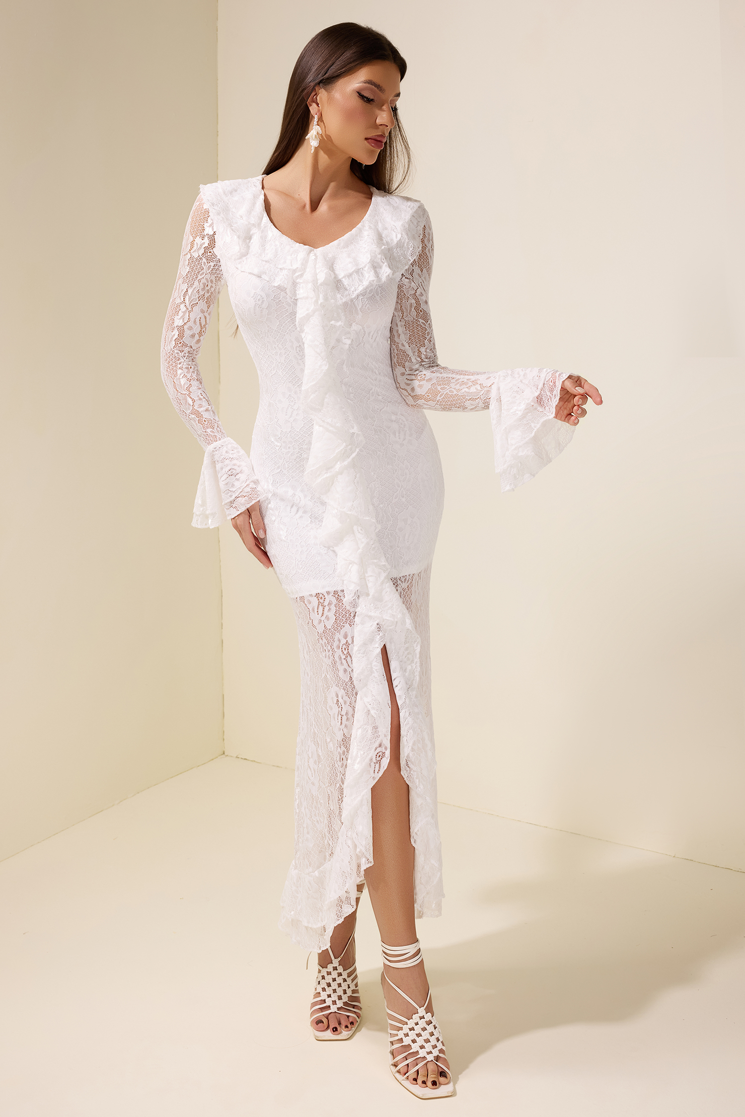 Lace Ruffle Long Sleeve Midi Dress