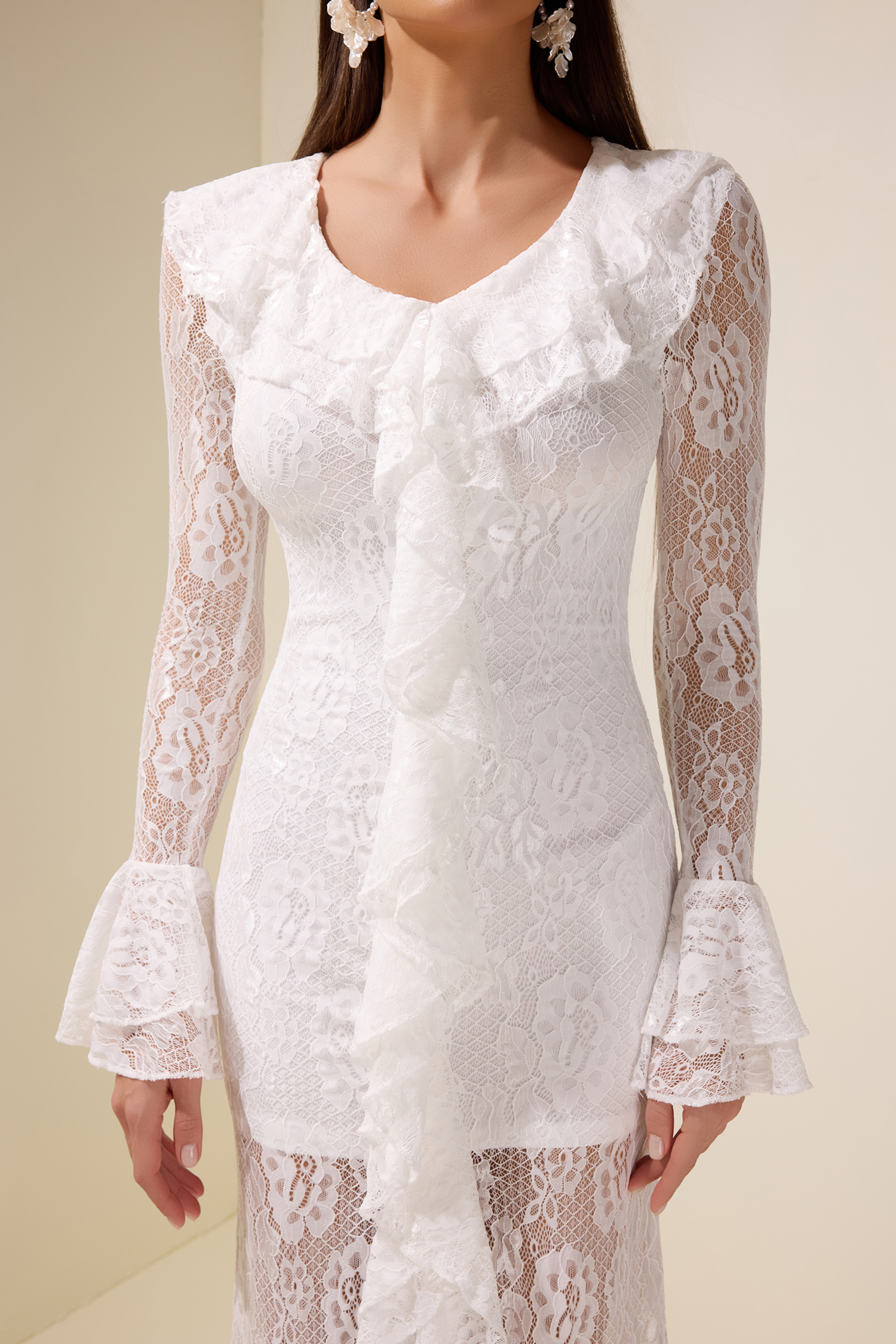 Lace Ruffle Long Sleeve Midi Dress