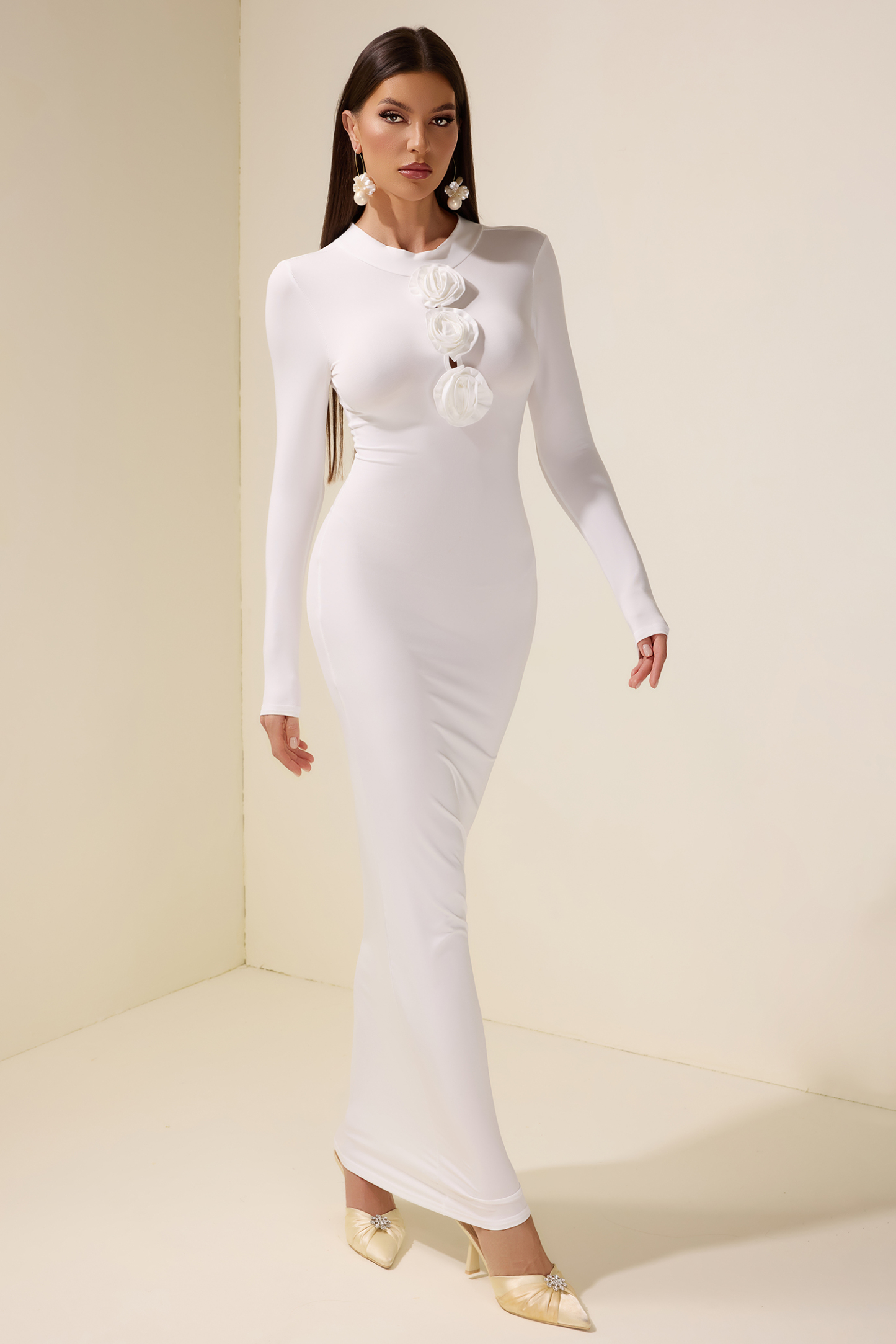 Solid 3D Flower Cut-Out Maxi Dress