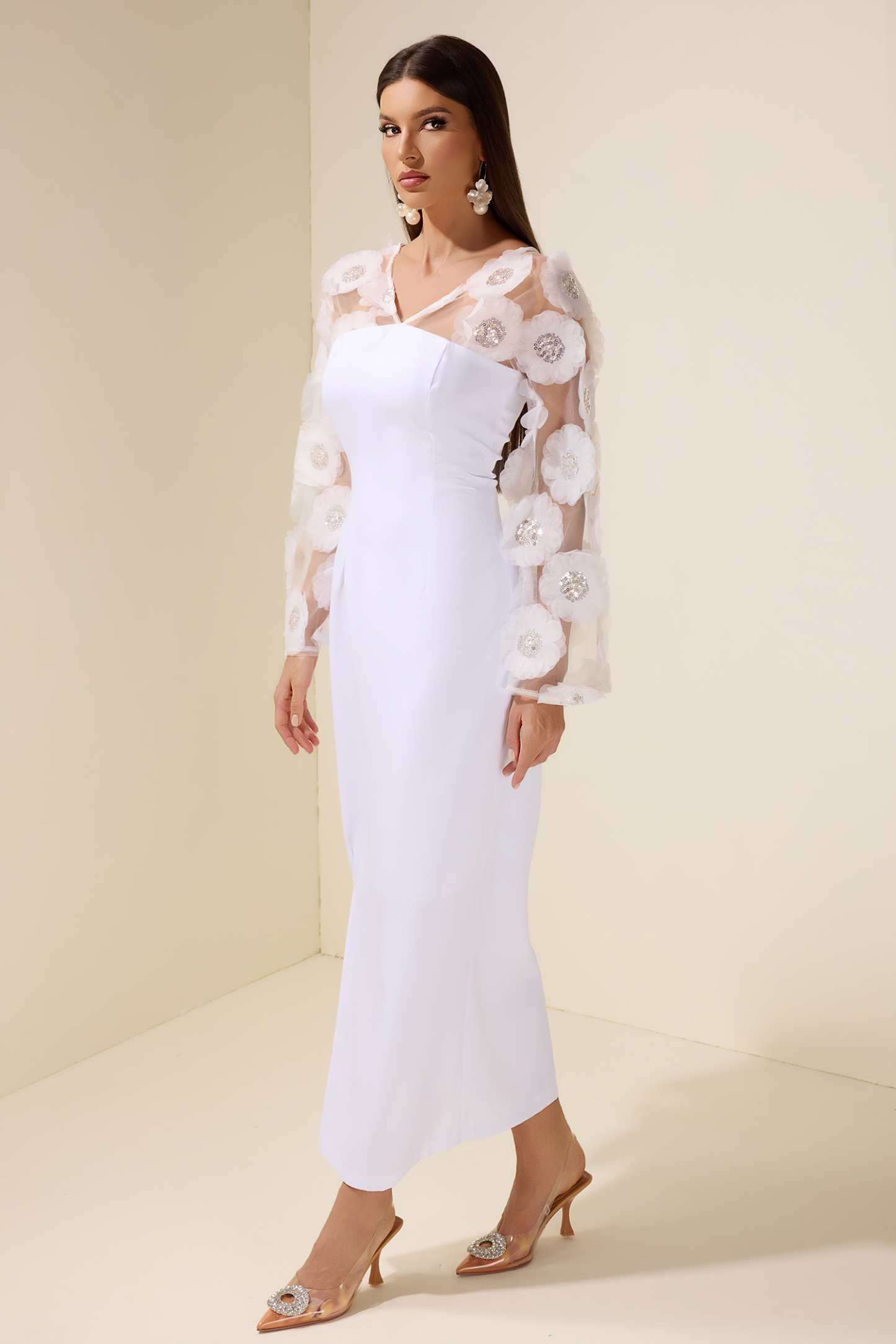 3D Flower Nail Bead Embroidery Midi Dress