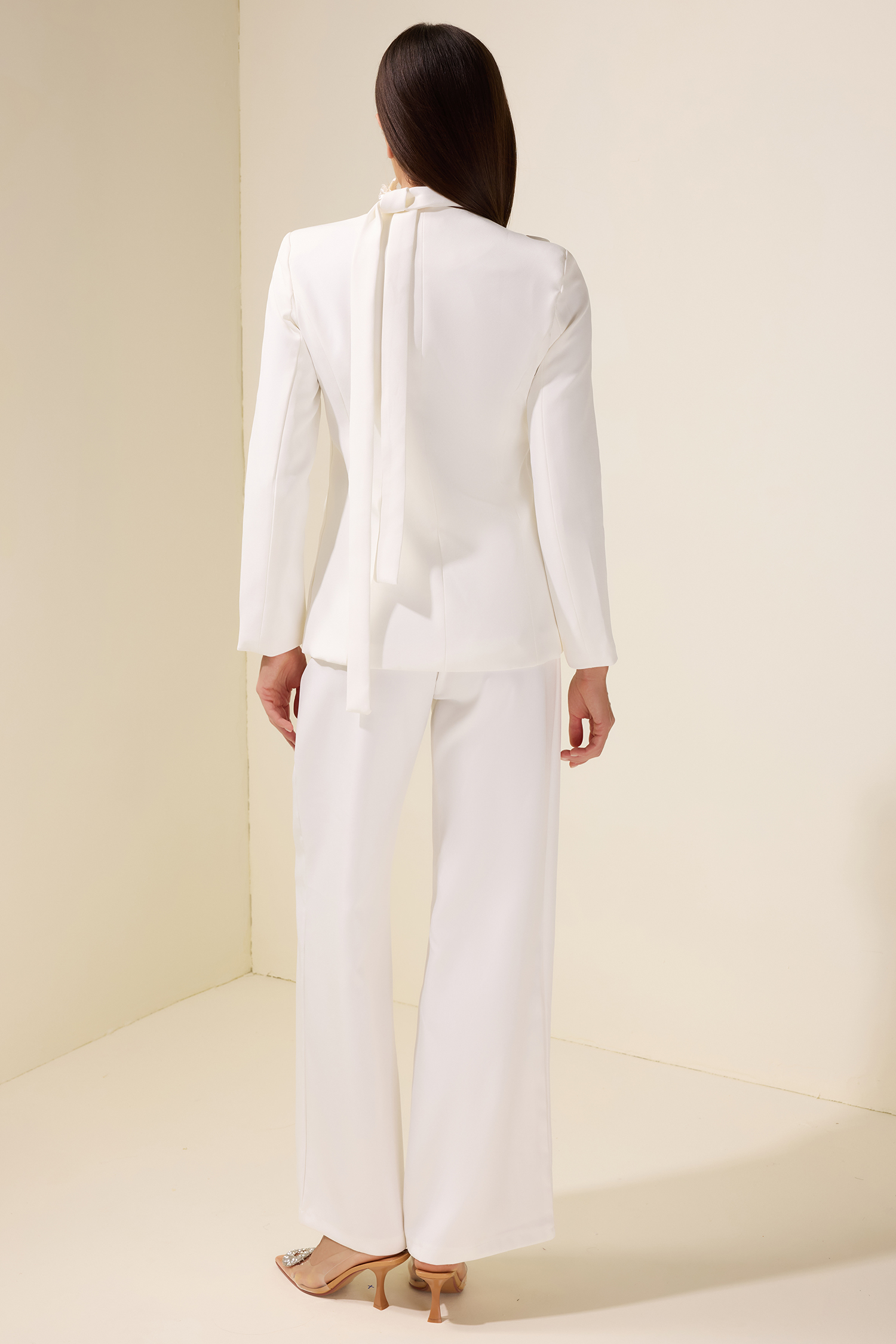 Solid 3D Flower Blazer & High Waist Pants Set