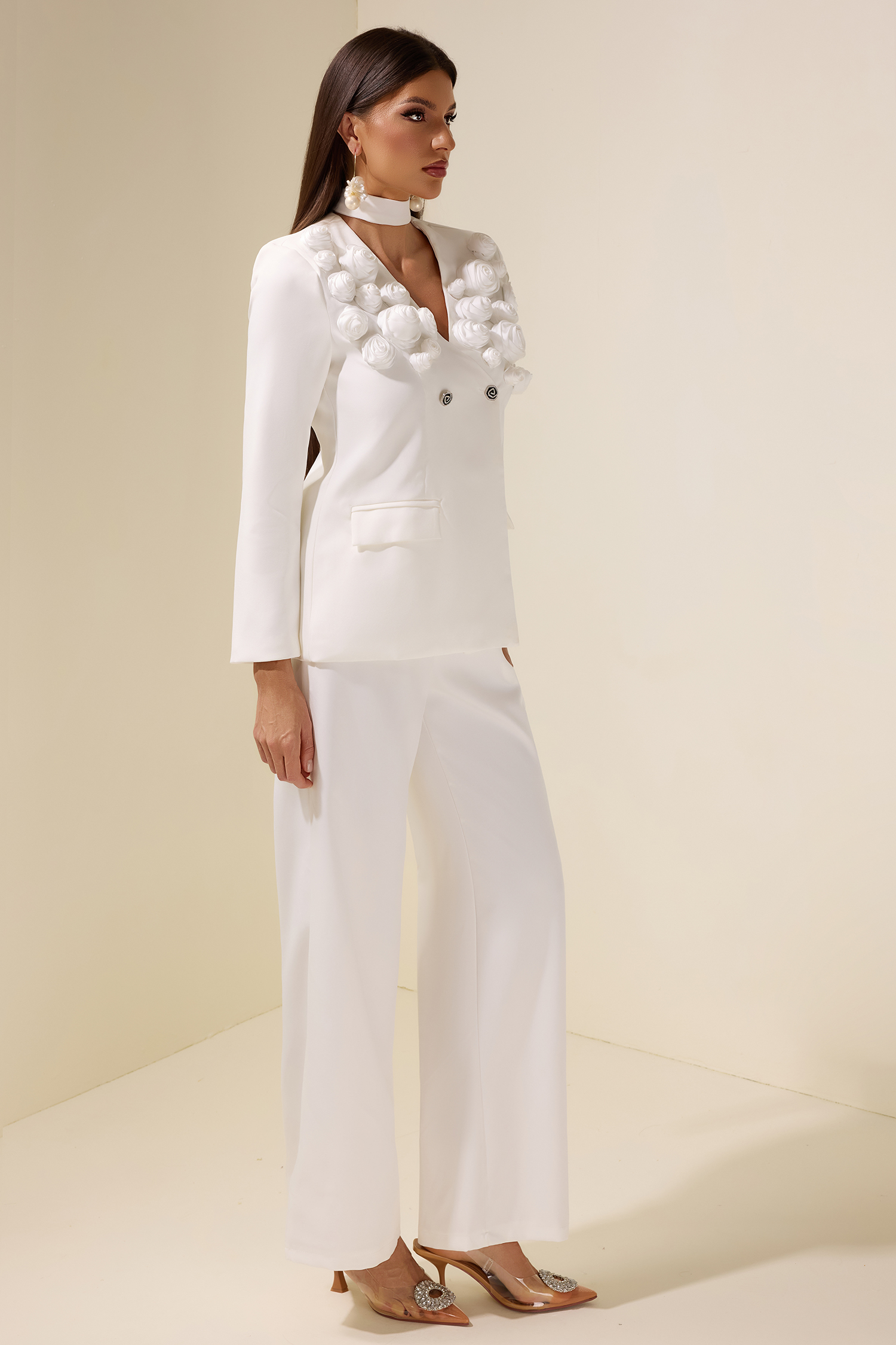 Solid 3D Flower Blazer & High Waist Pants Set