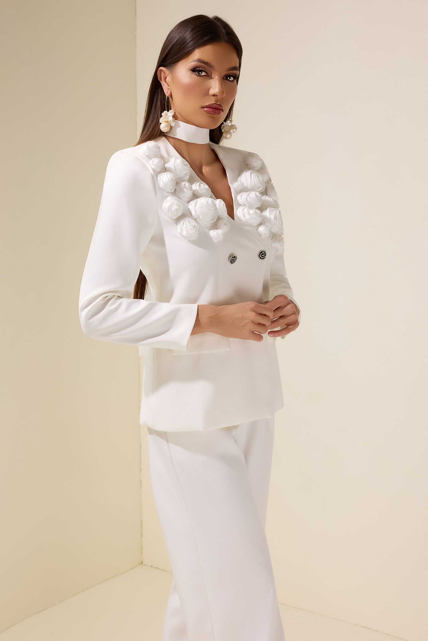 Solid 3D Flower Blazer & High Waist Pants Set