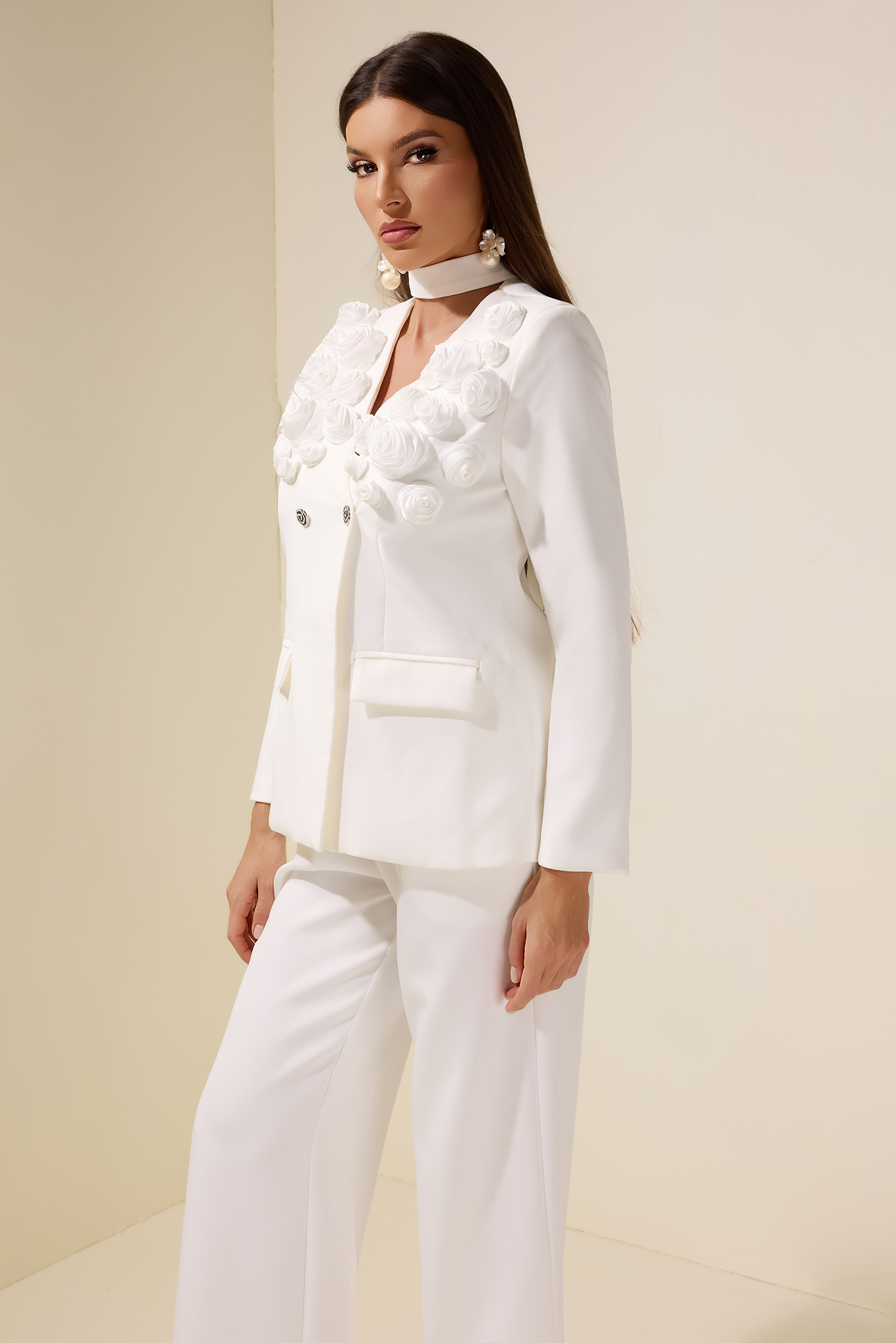 Solid 3D Flower Blazer & High Waist Pants Set