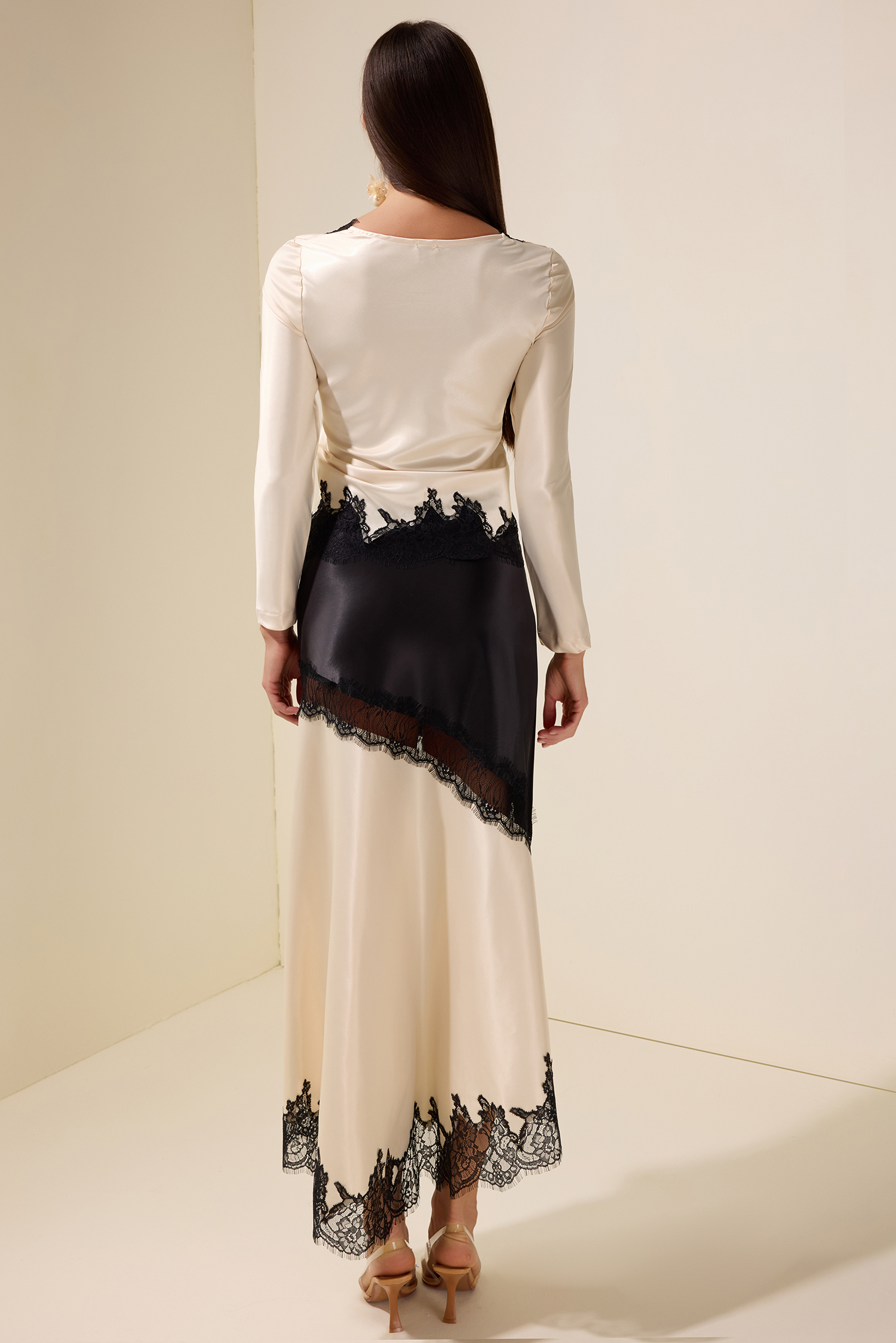 Lace Splicing Satin Top & High Waist Midi Skirt Set