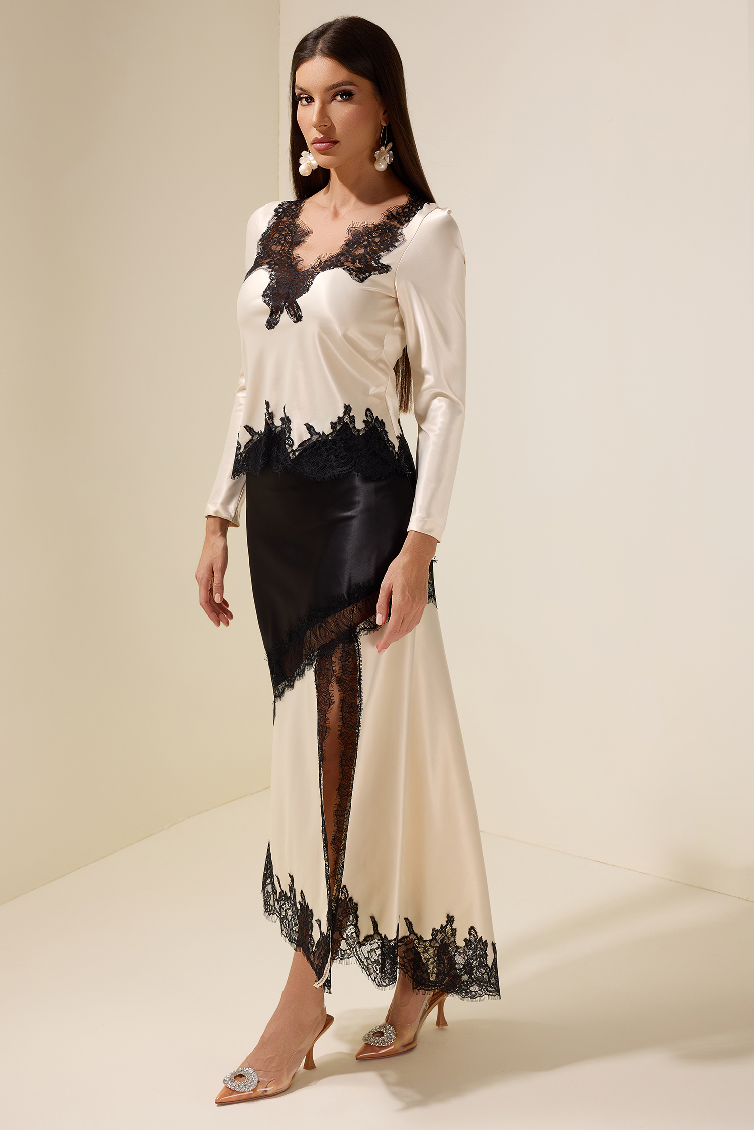 Lace Splicing Satin Top & High Waist Midi Skirt Set