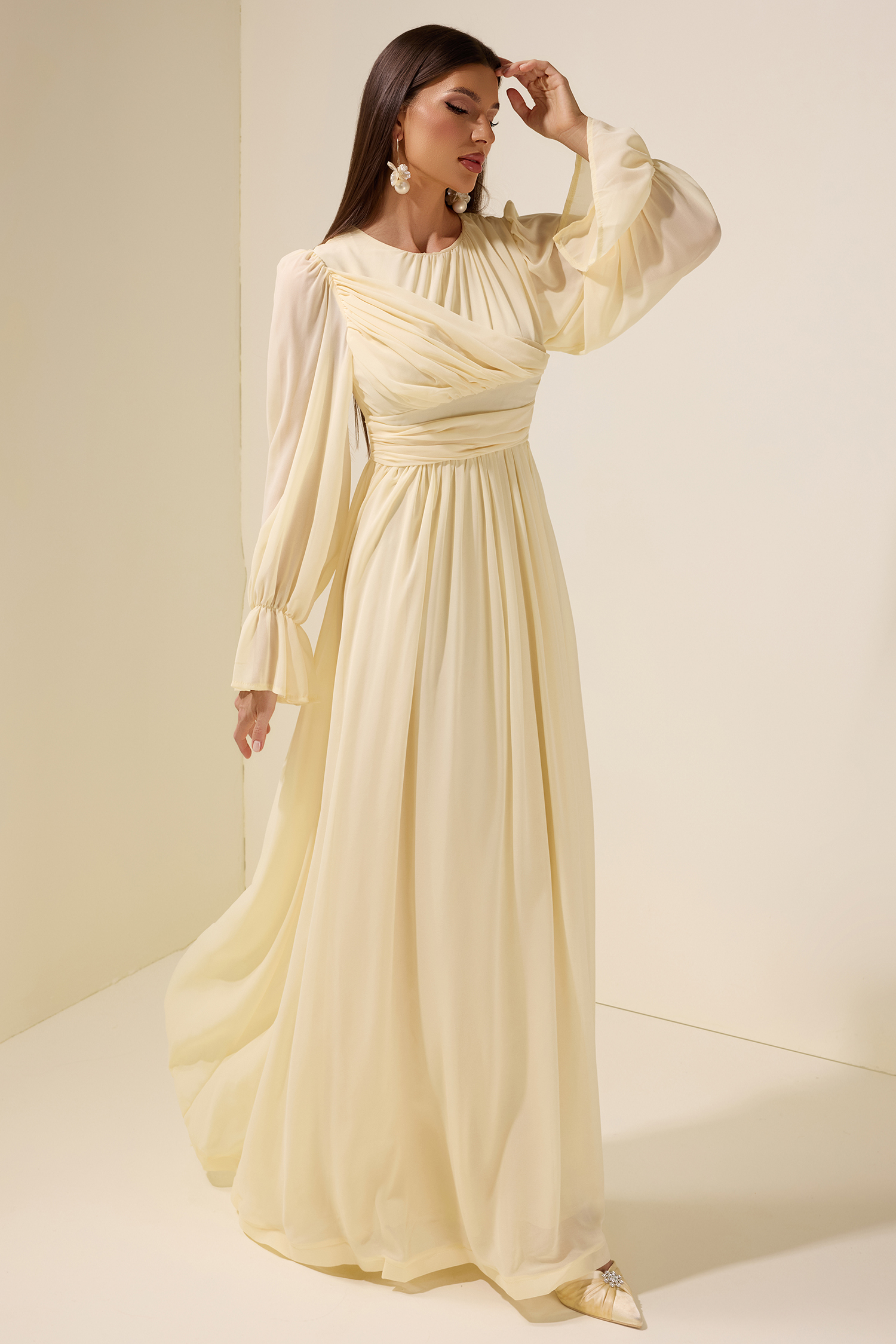 Chiffon Gathering Frill Maxi Dress