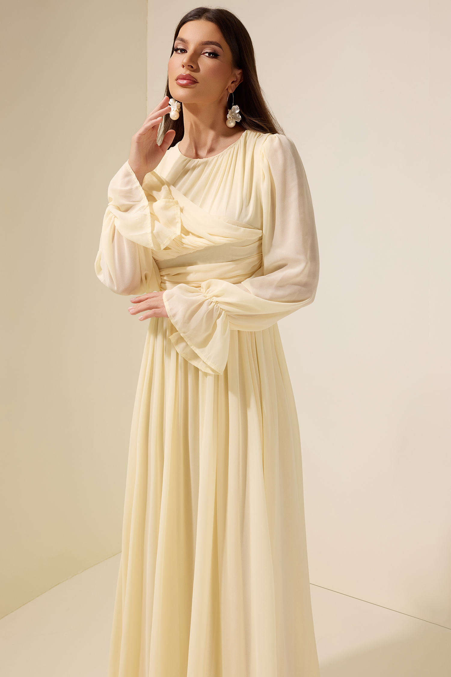 Chiffon Gathering Frill Maxi Dress
