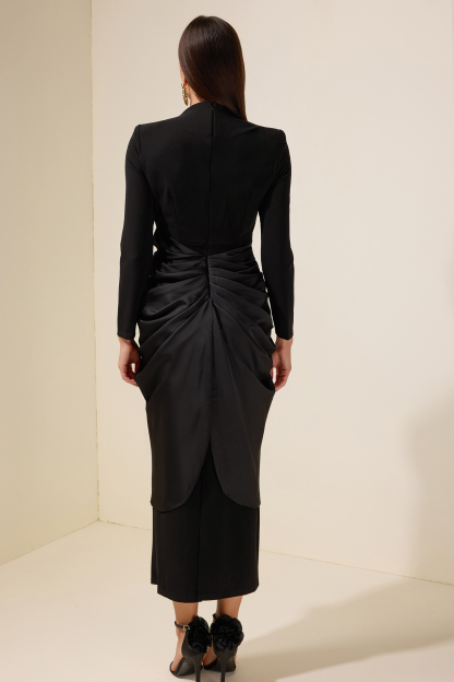 Satin Metal Decorations Long Sleeve Midi Dress