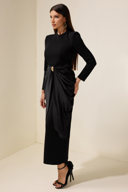 Satin Metal Decorations Long Sleeve Midi Dress
