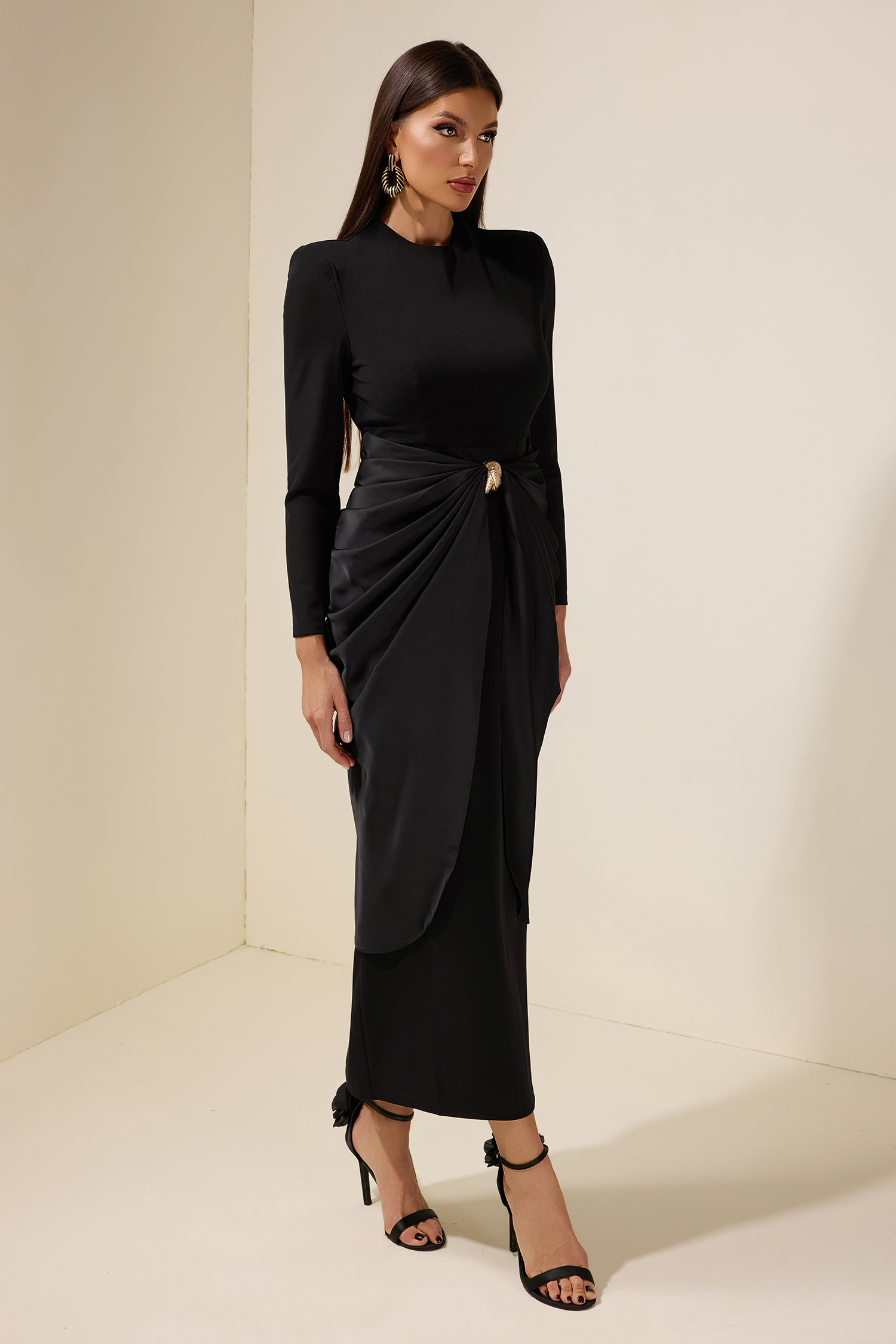 Satin Metal Decorations Long Sleeve Midi Dress