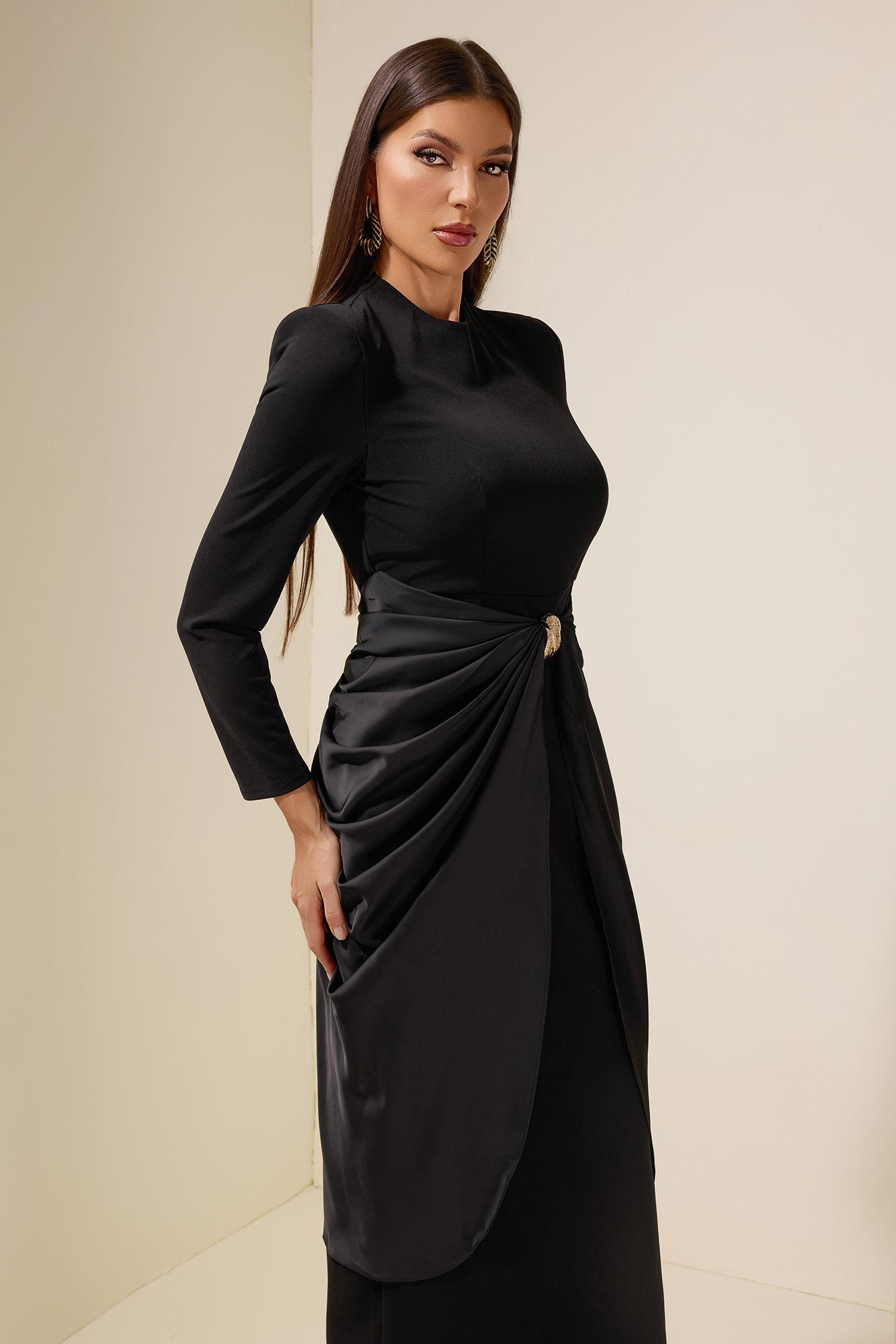 Satin Metal Decorations Long Sleeve Midi Dress