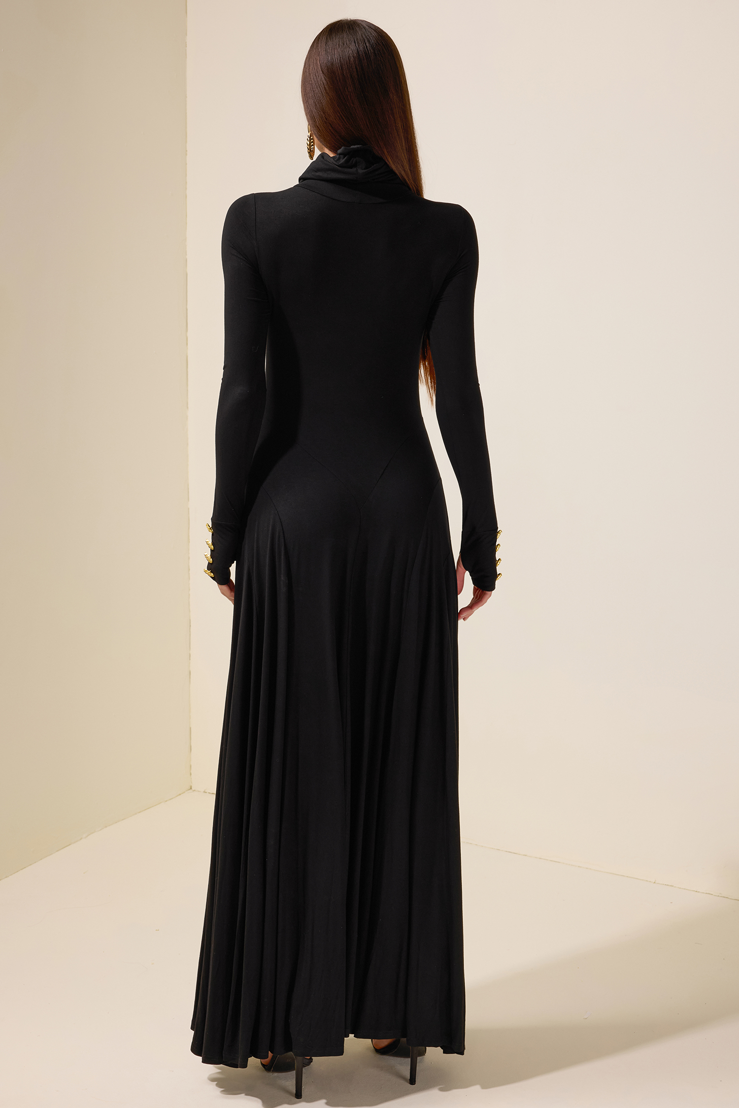 Jersey Metal Button Long Sleeve Maxi Dress