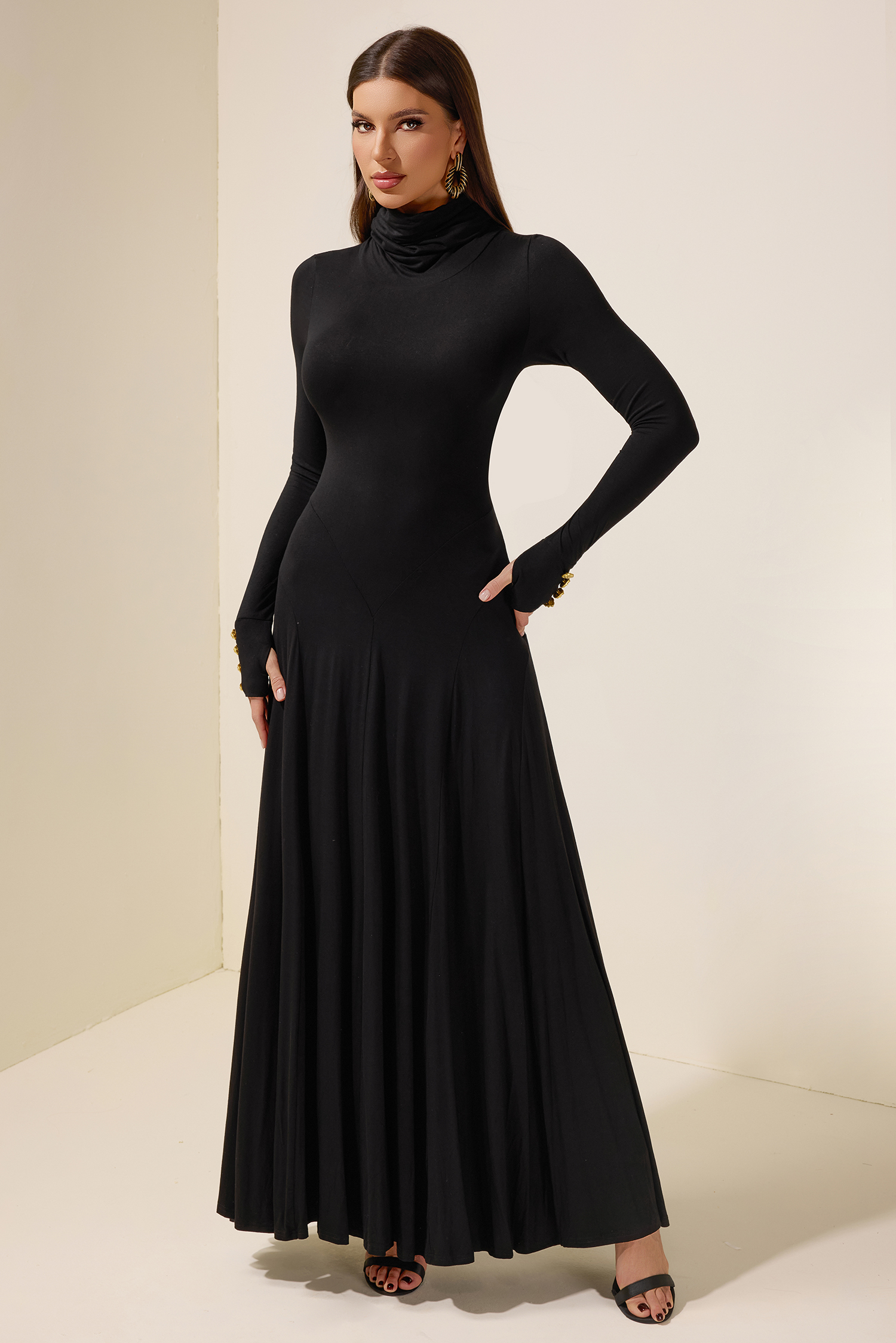 Jersey Metal Button Long Sleeve Maxi Dress