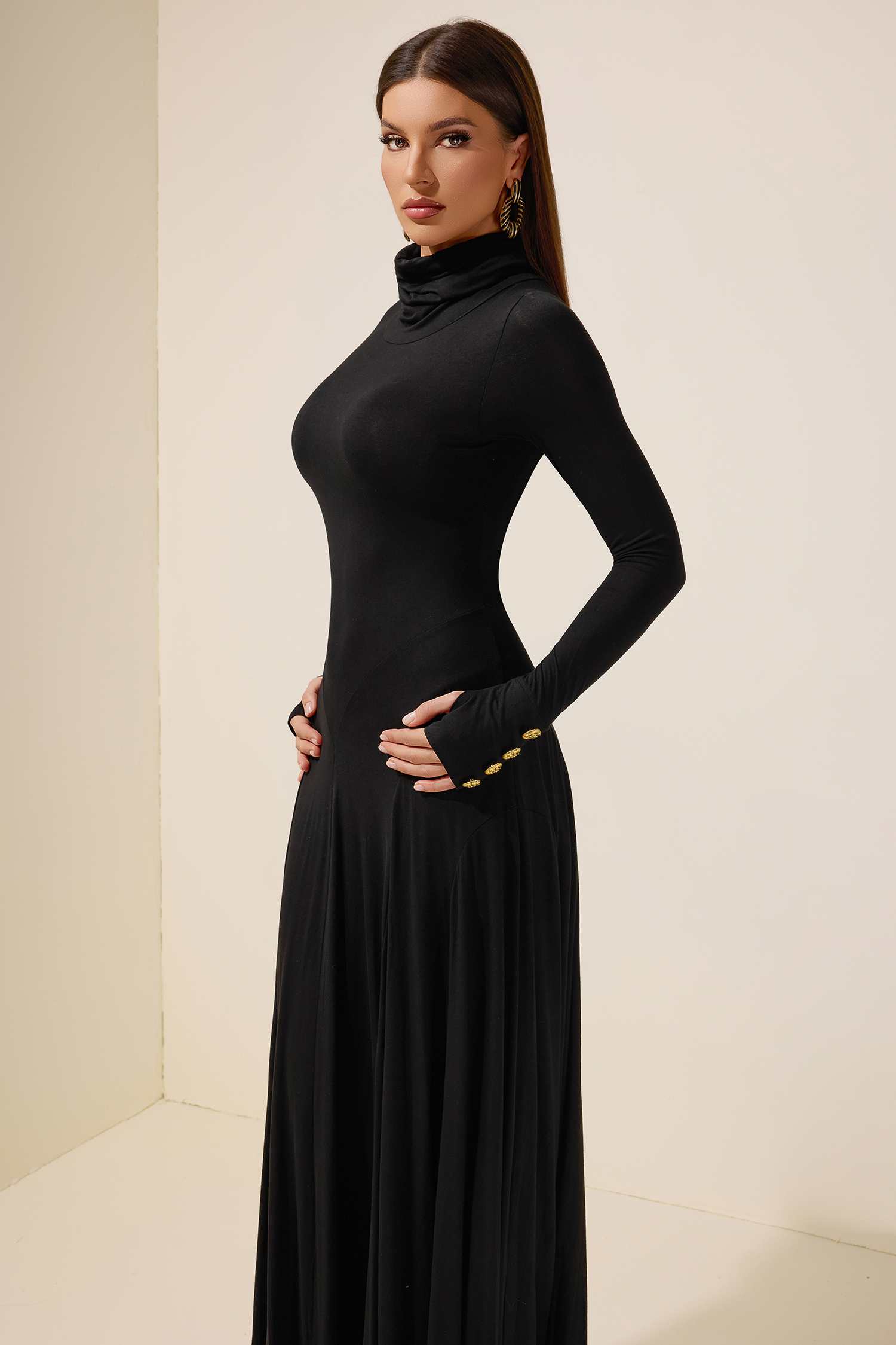 Jersey Metal Button Long Sleeve Maxi Dress