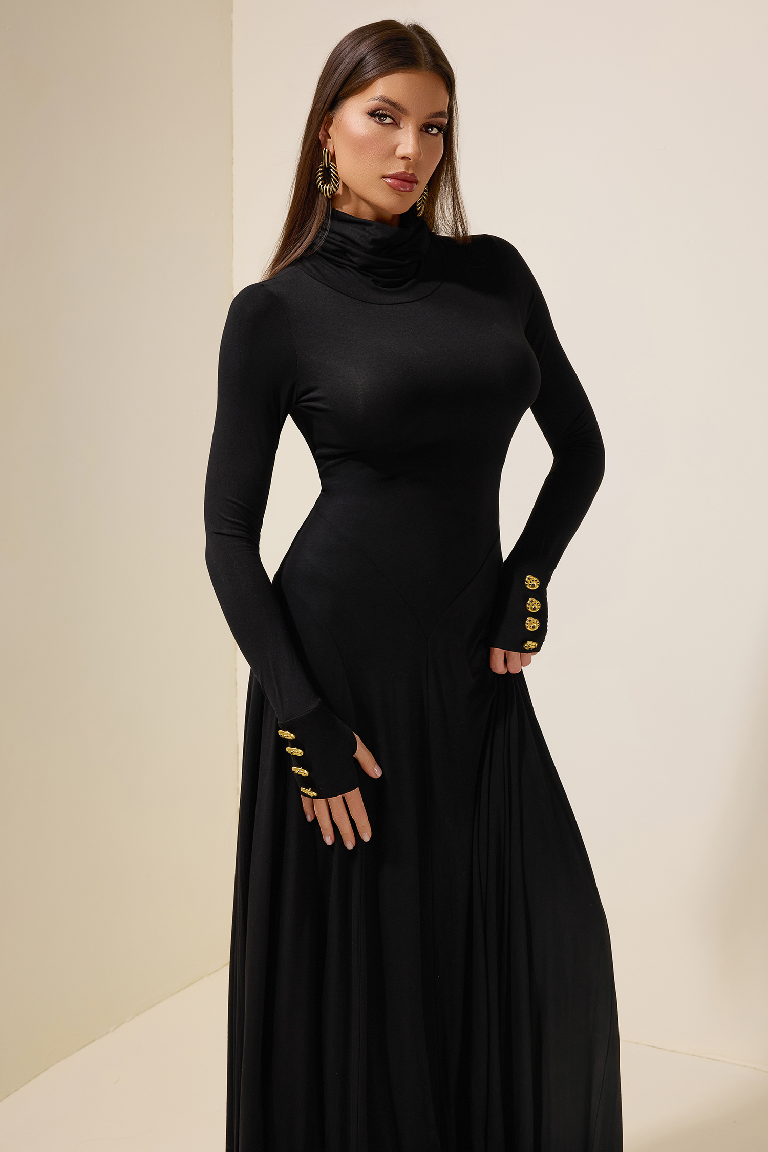 Jersey Metal Button Long Sleeve Maxi Dress