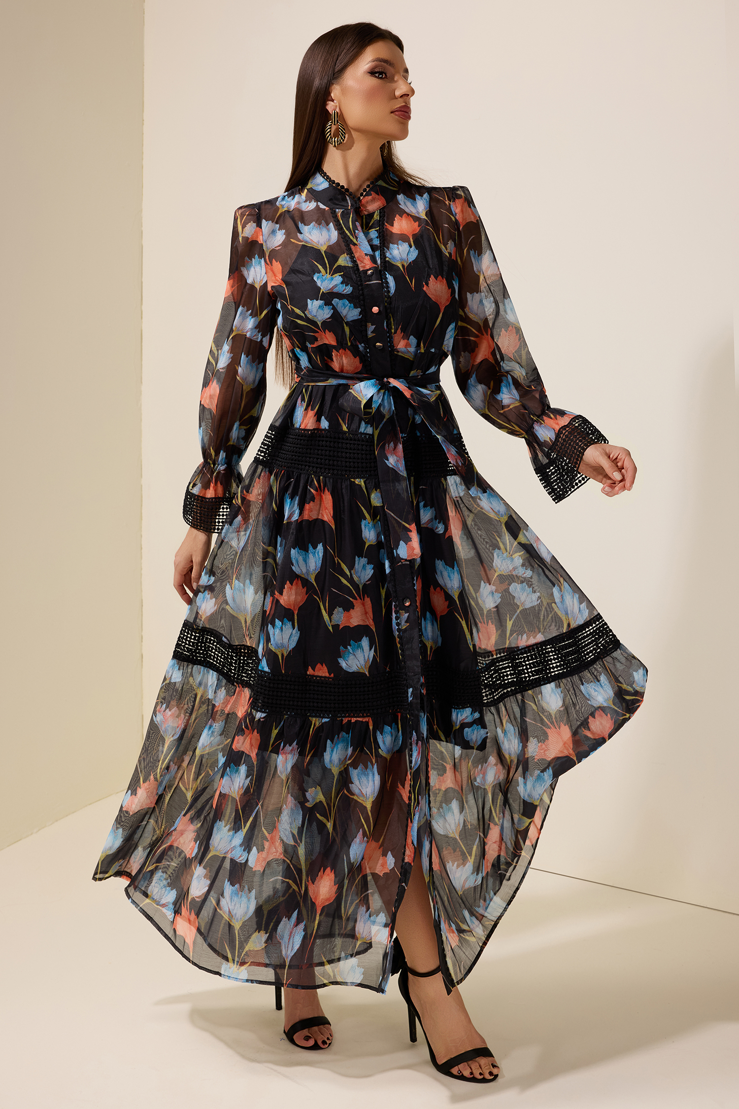 Lace Splicing Floral Single Breasted Midi Dress With Belt