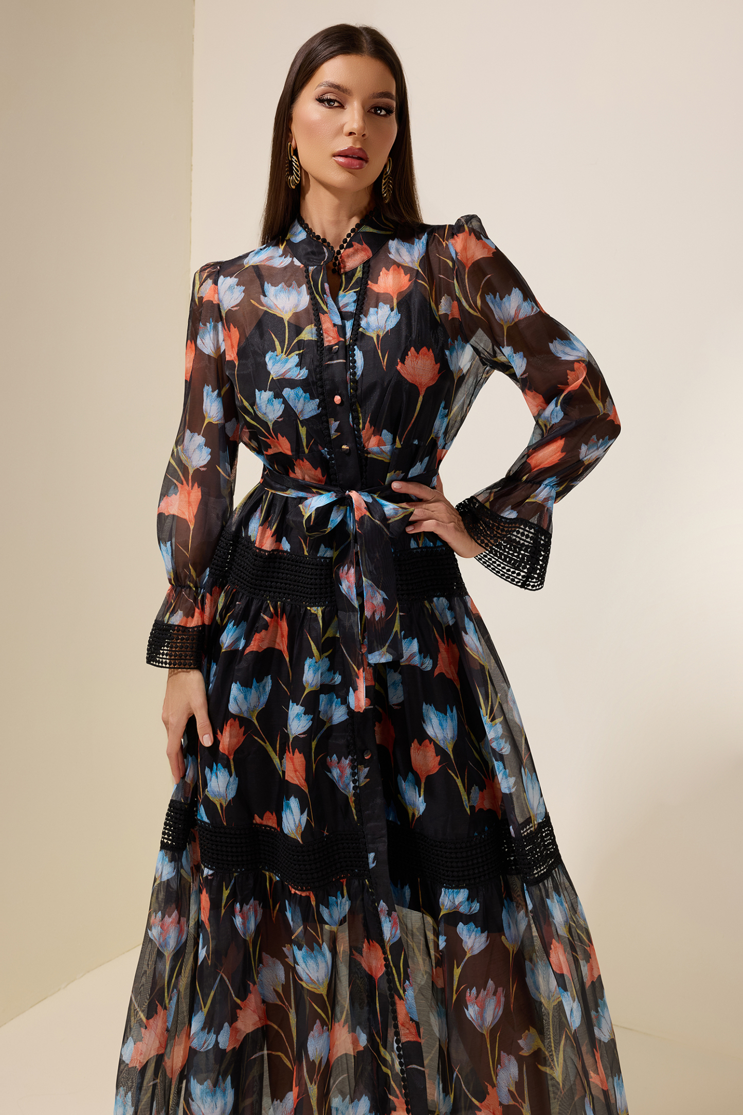 Lace Splicing Floral Single Breasted Midi Dress With Belt