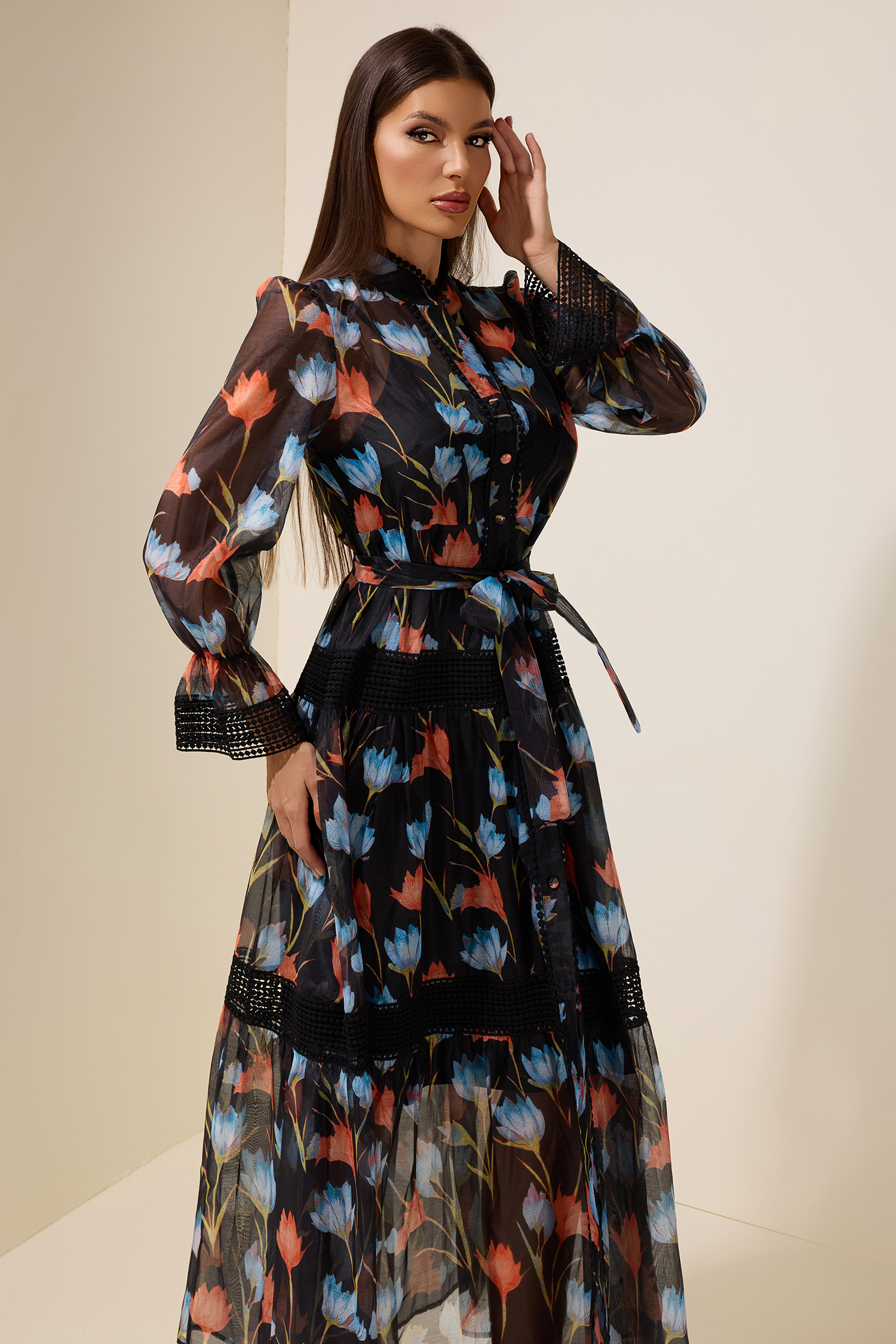 Lace Splicing Floral Single Breasted Midi Dress With Belt