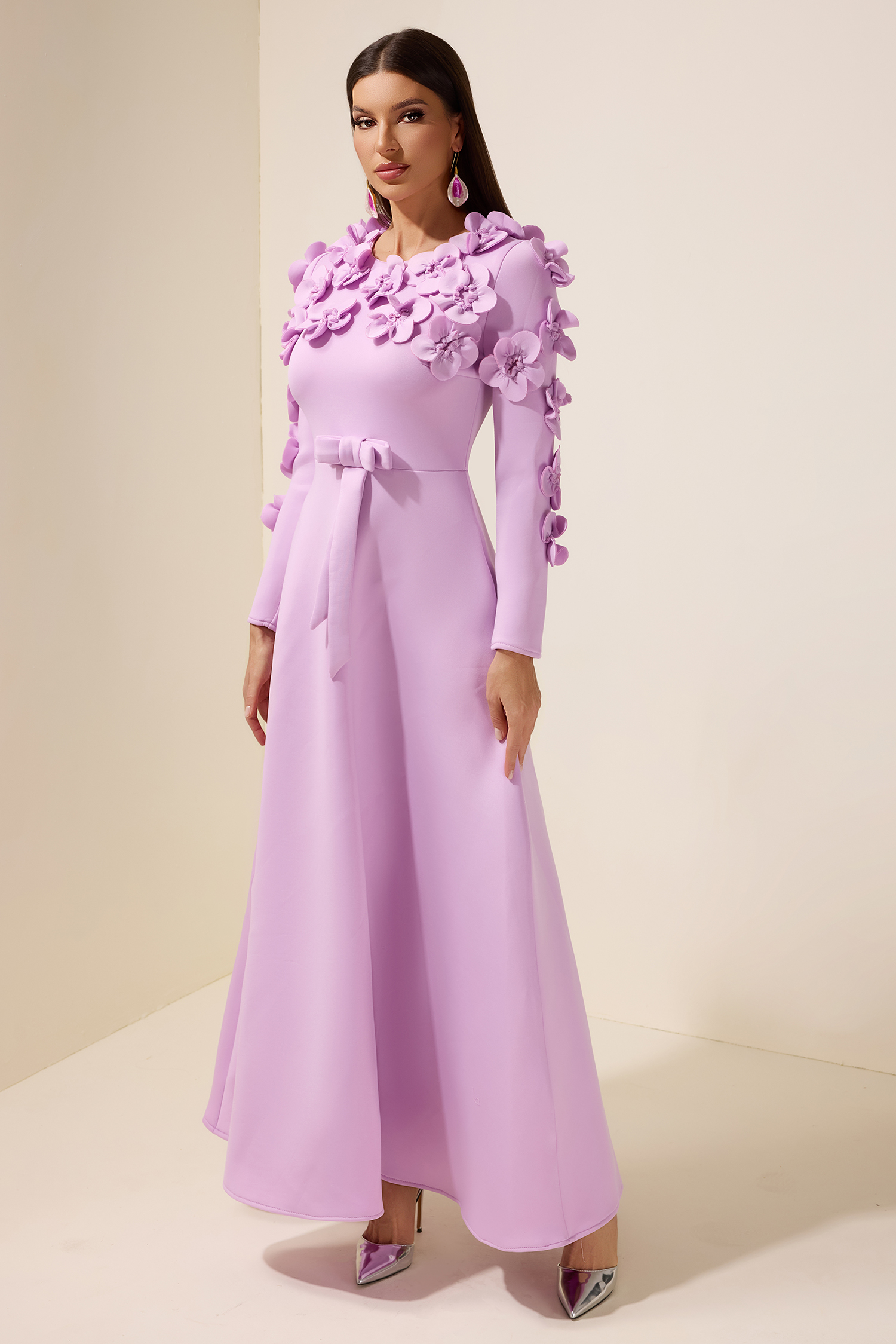 3D Flower Bow Long Sleeve Maxi Dress