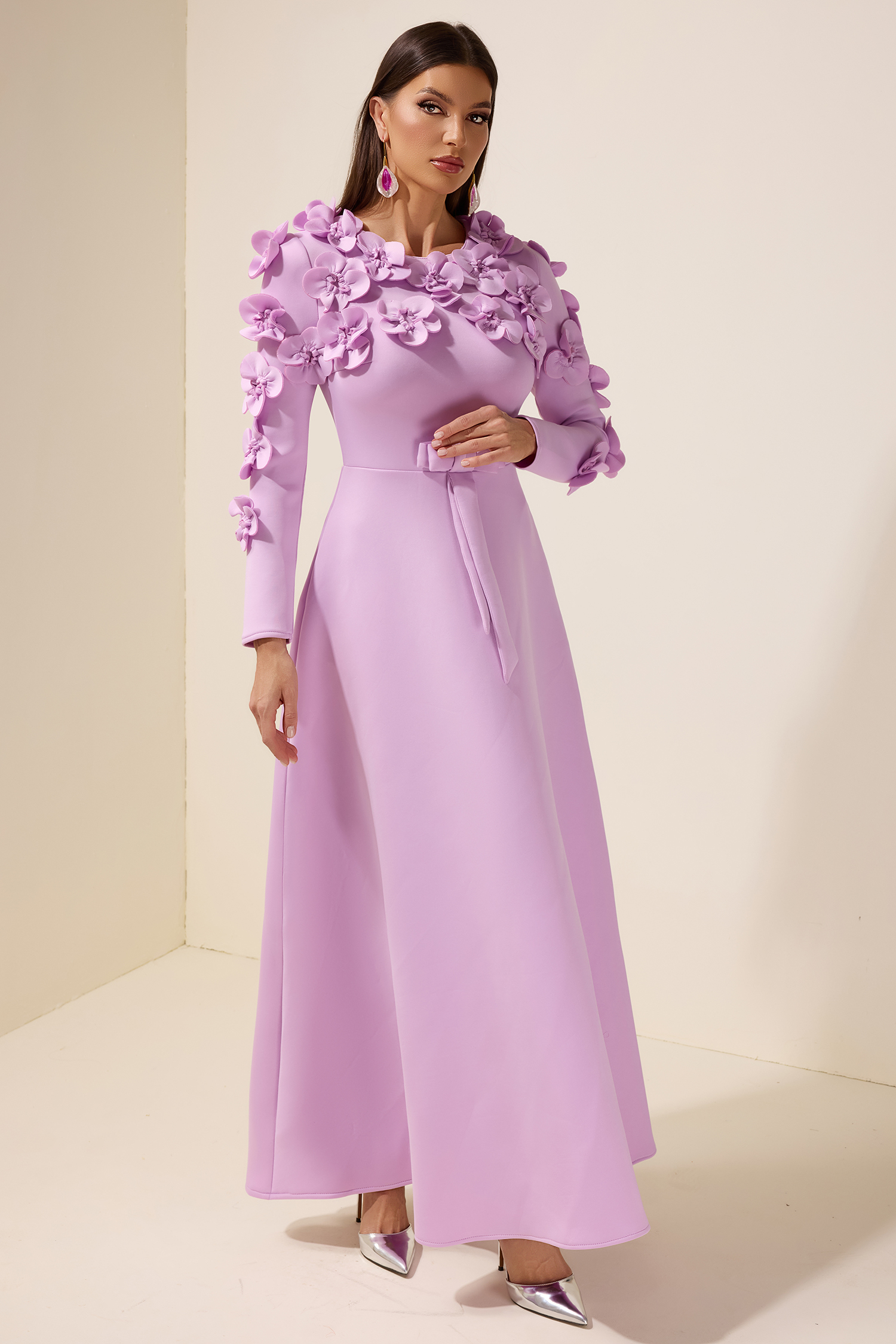3D Flower Bow Long Sleeve Maxi Dress