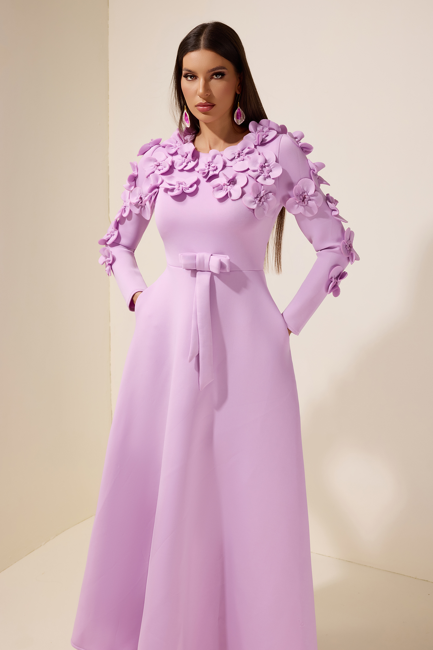 3D Flower Bow Long Sleeve Maxi Dress