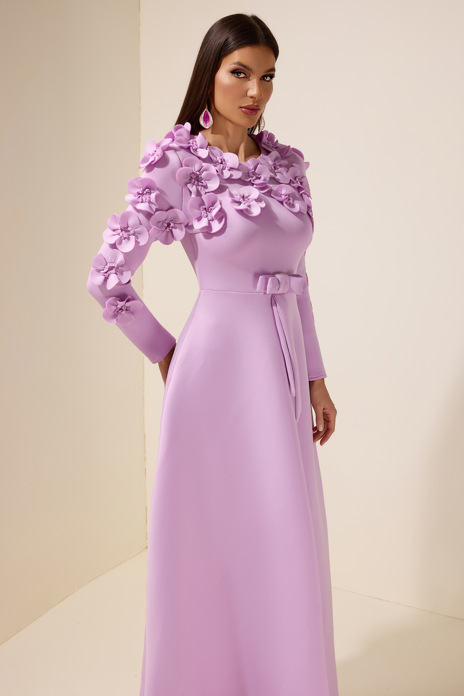 3D Flower Bow Long Sleeve Maxi Dress