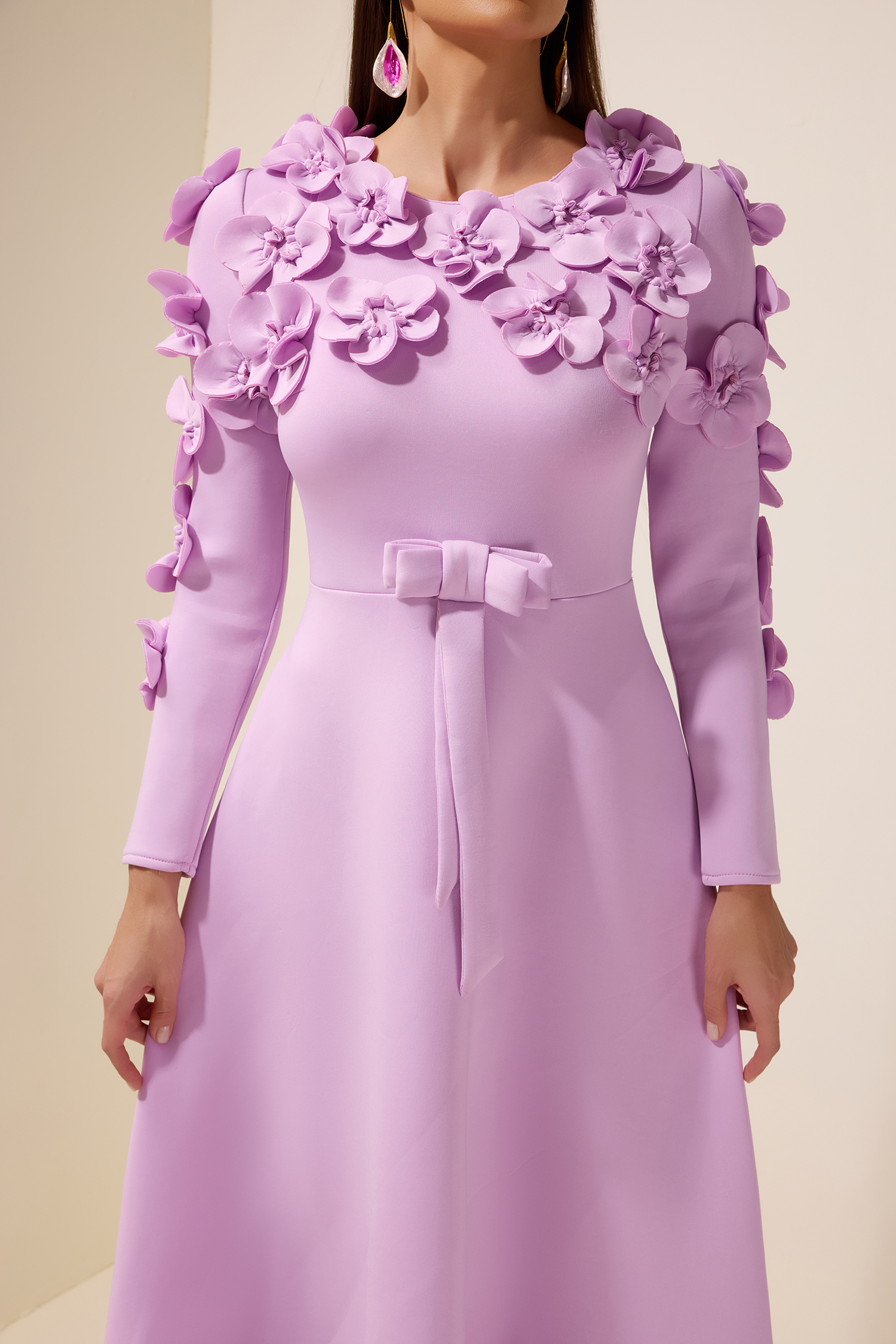 3D Flower Bow Long Sleeve Maxi Dress