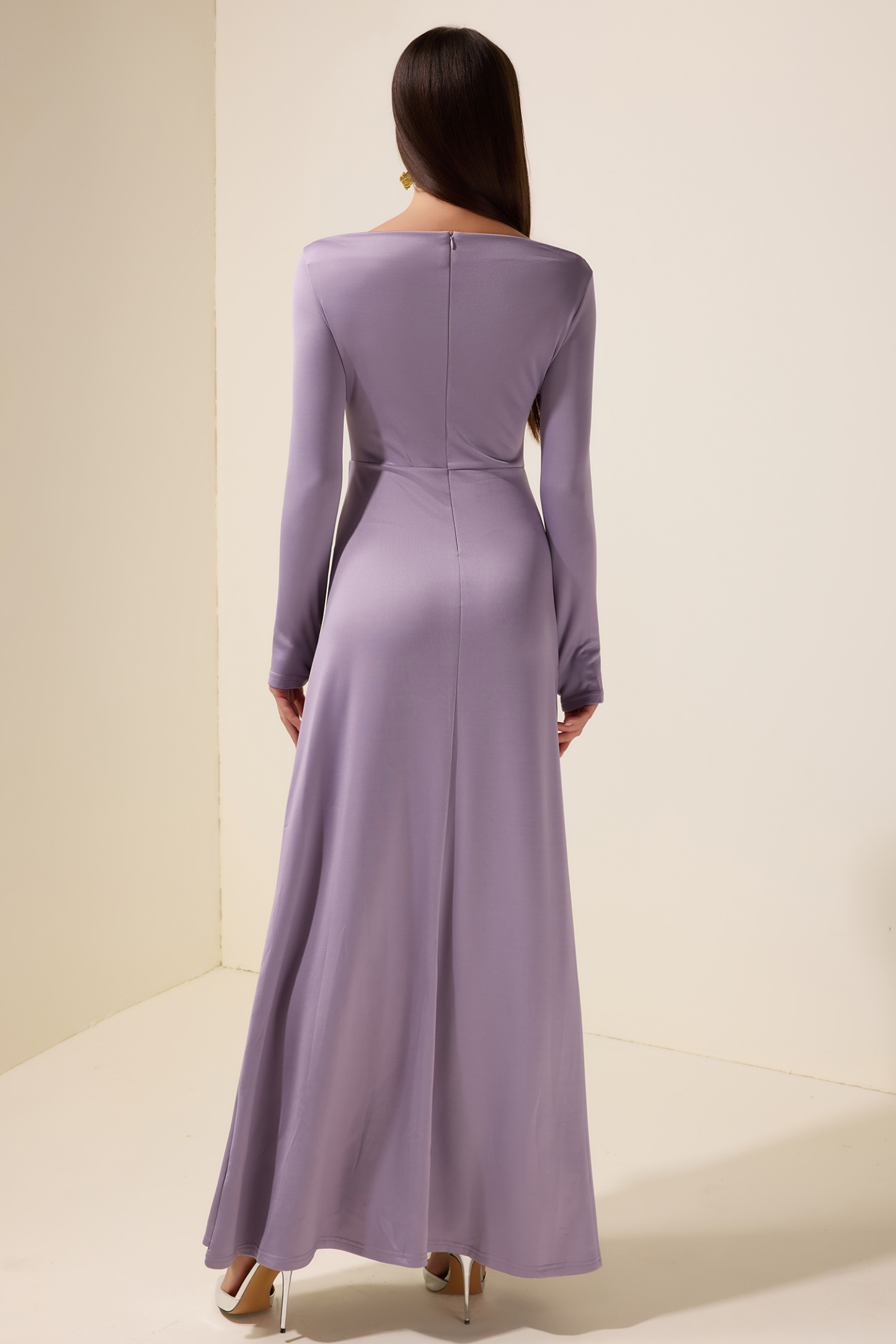 Jersey Boat Neck Long Sleeve Maxi Dress