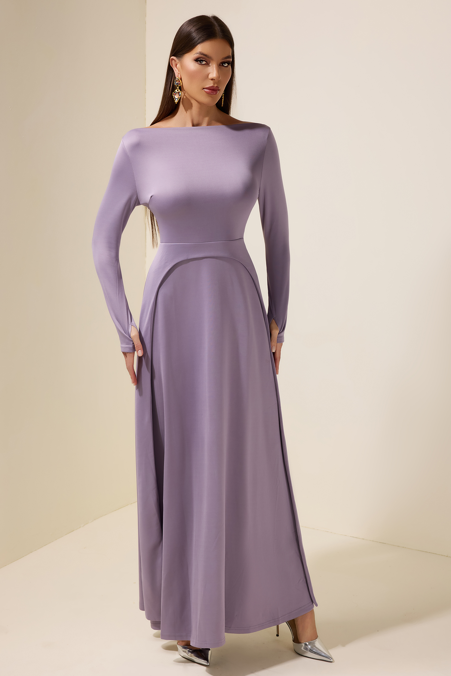 Jersey Boat Neck Long Sleeve Maxi Dress