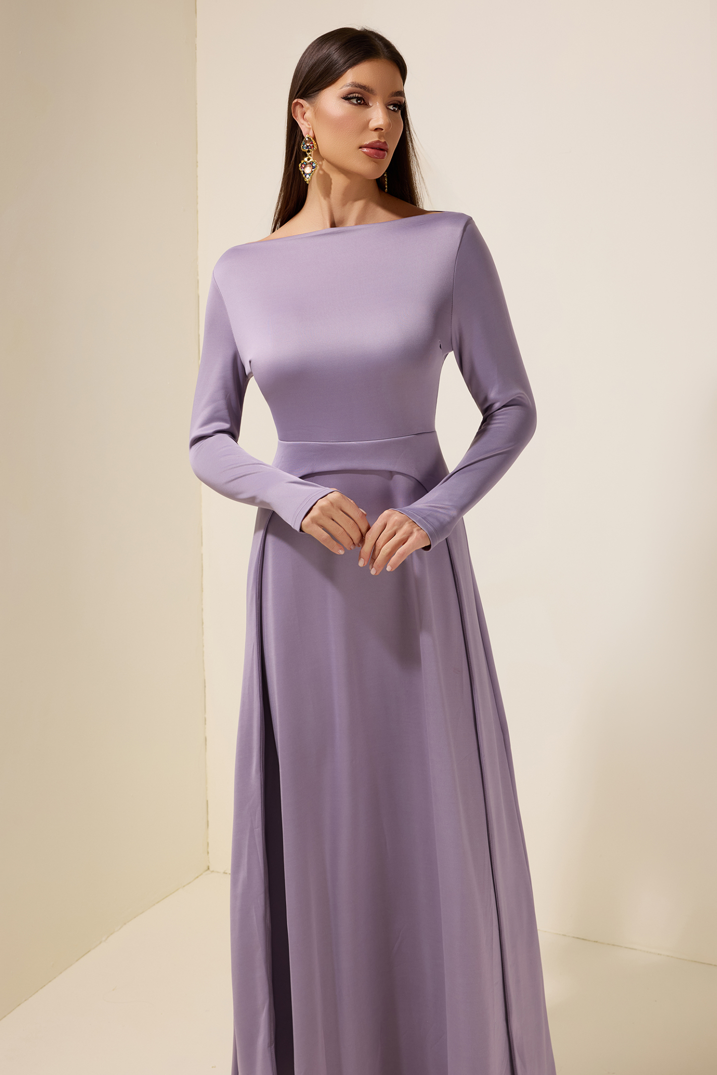 Jersey Boat Neck Long Sleeve Maxi Dress
