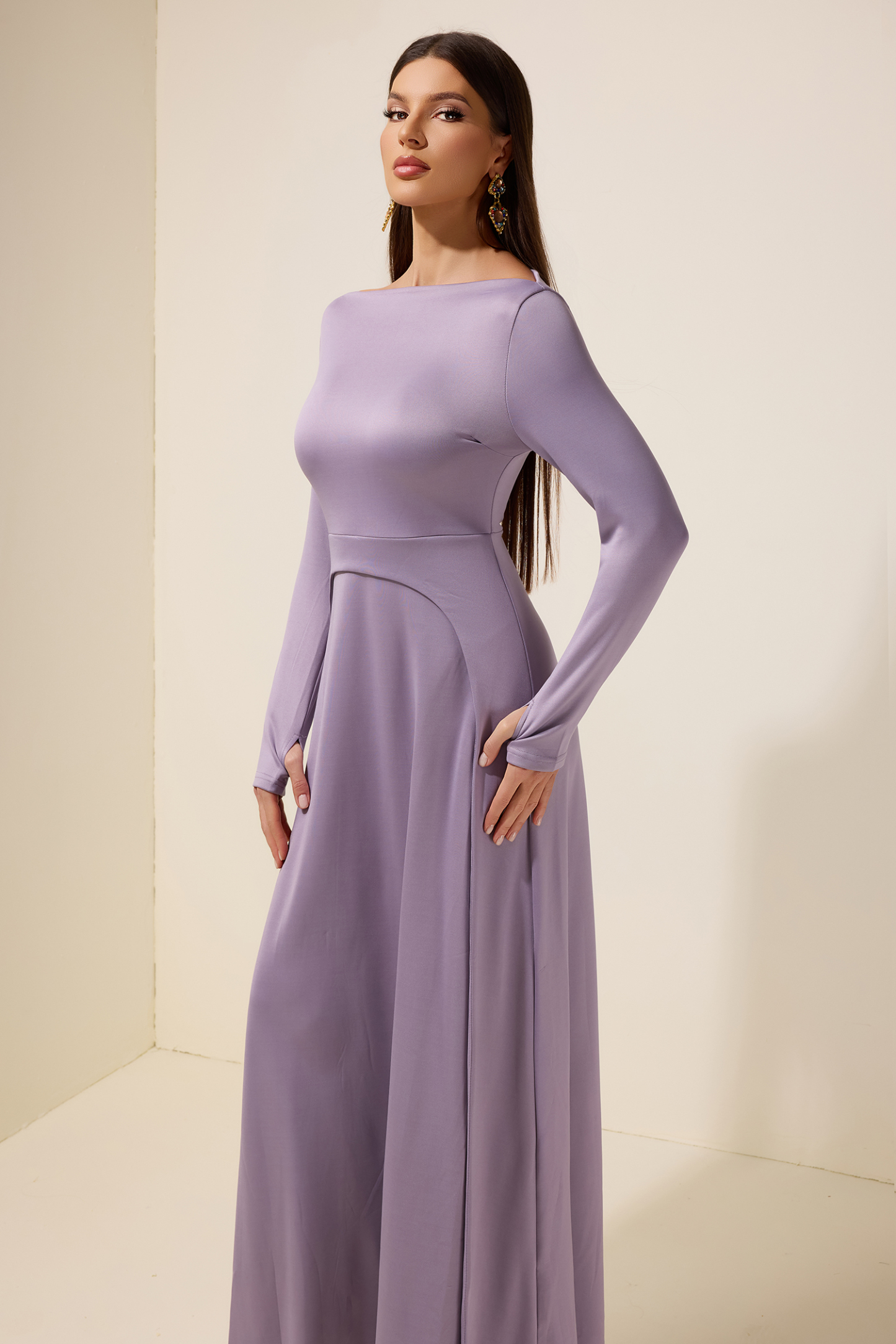 Jersey Boat Neck Long Sleeve Maxi Dress