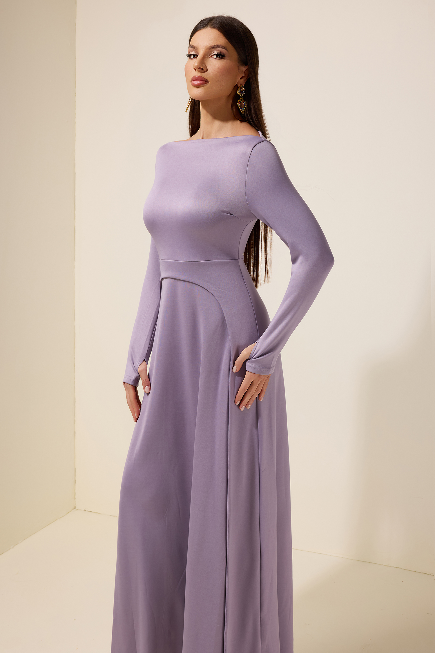 Jersey Boat Neck Long Sleeve Maxi Dress