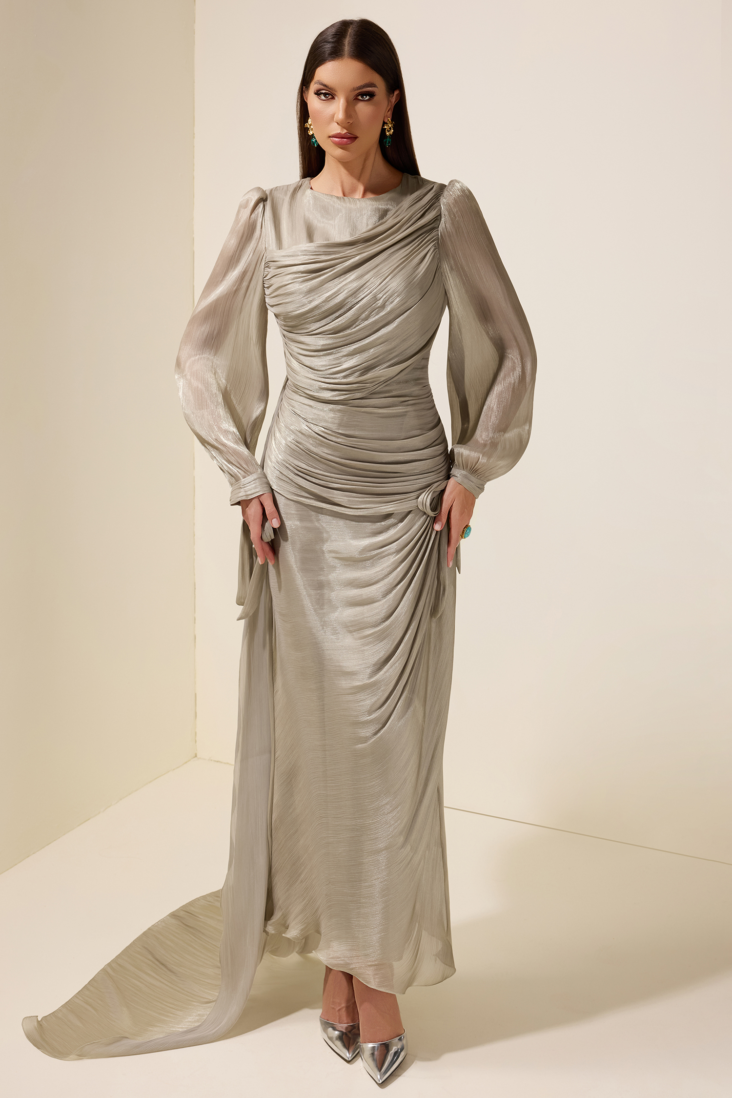 Gathering Lantern Sleeve Lace-Up Maxi Dress