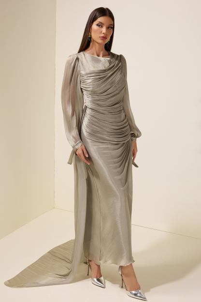 Gathering Lantern Sleeve Lace-Up Maxi Dress