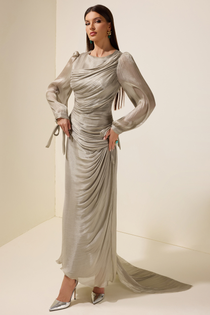 Gathering Lantern Sleeve Lace-Up Maxi Dress