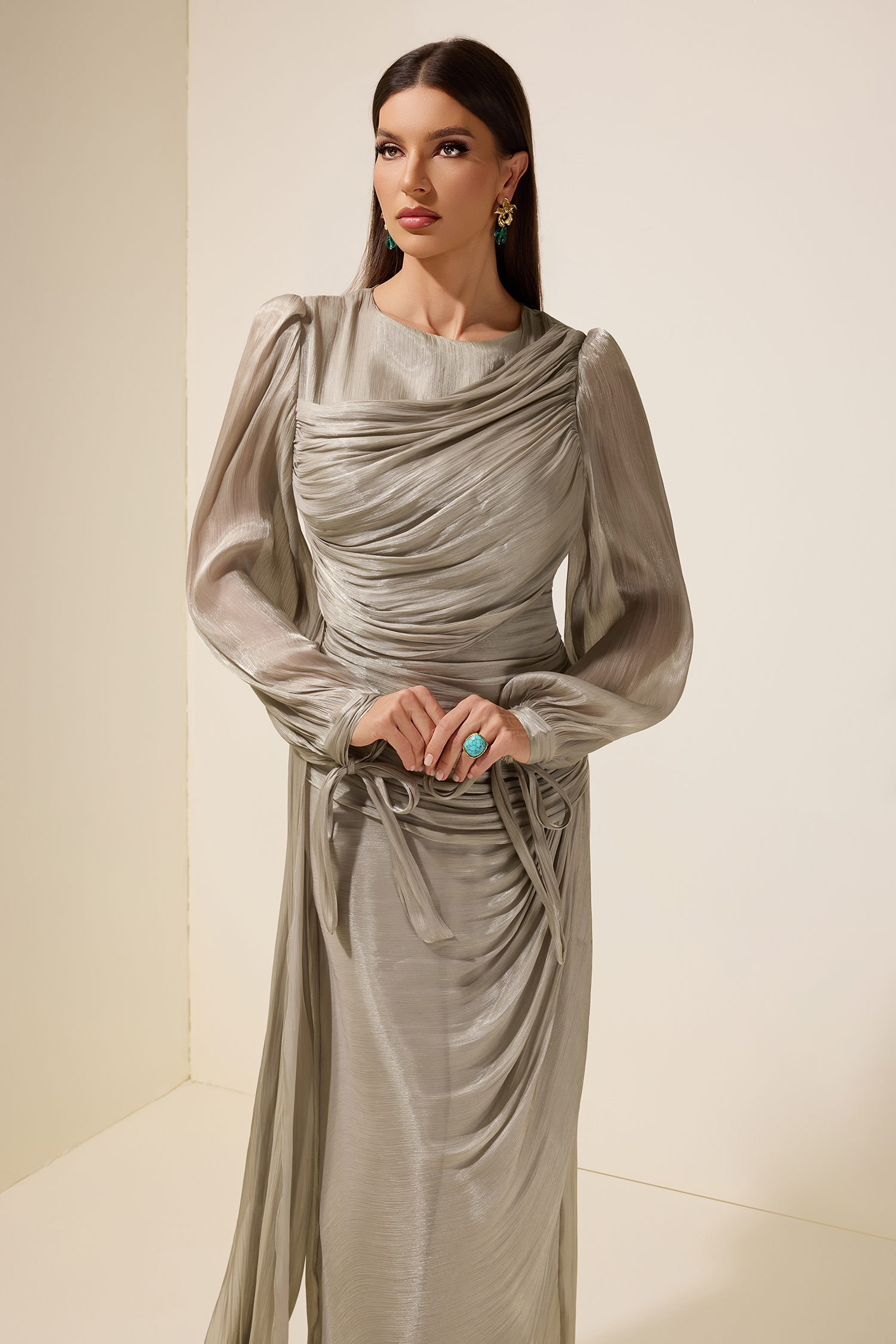 Gathering Lantern Sleeve Lace-Up Maxi Dress