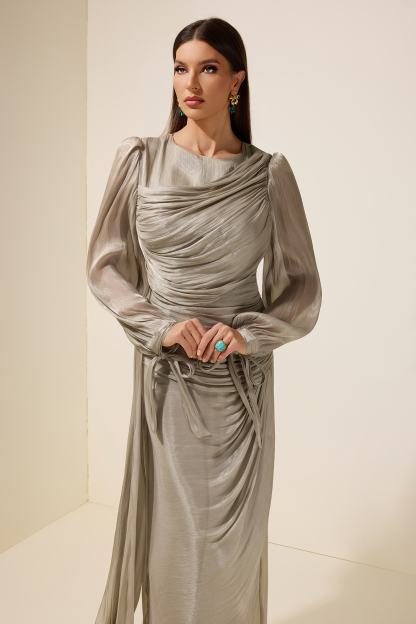 Gathering Lantern Sleeve Lace-Up Maxi Dress