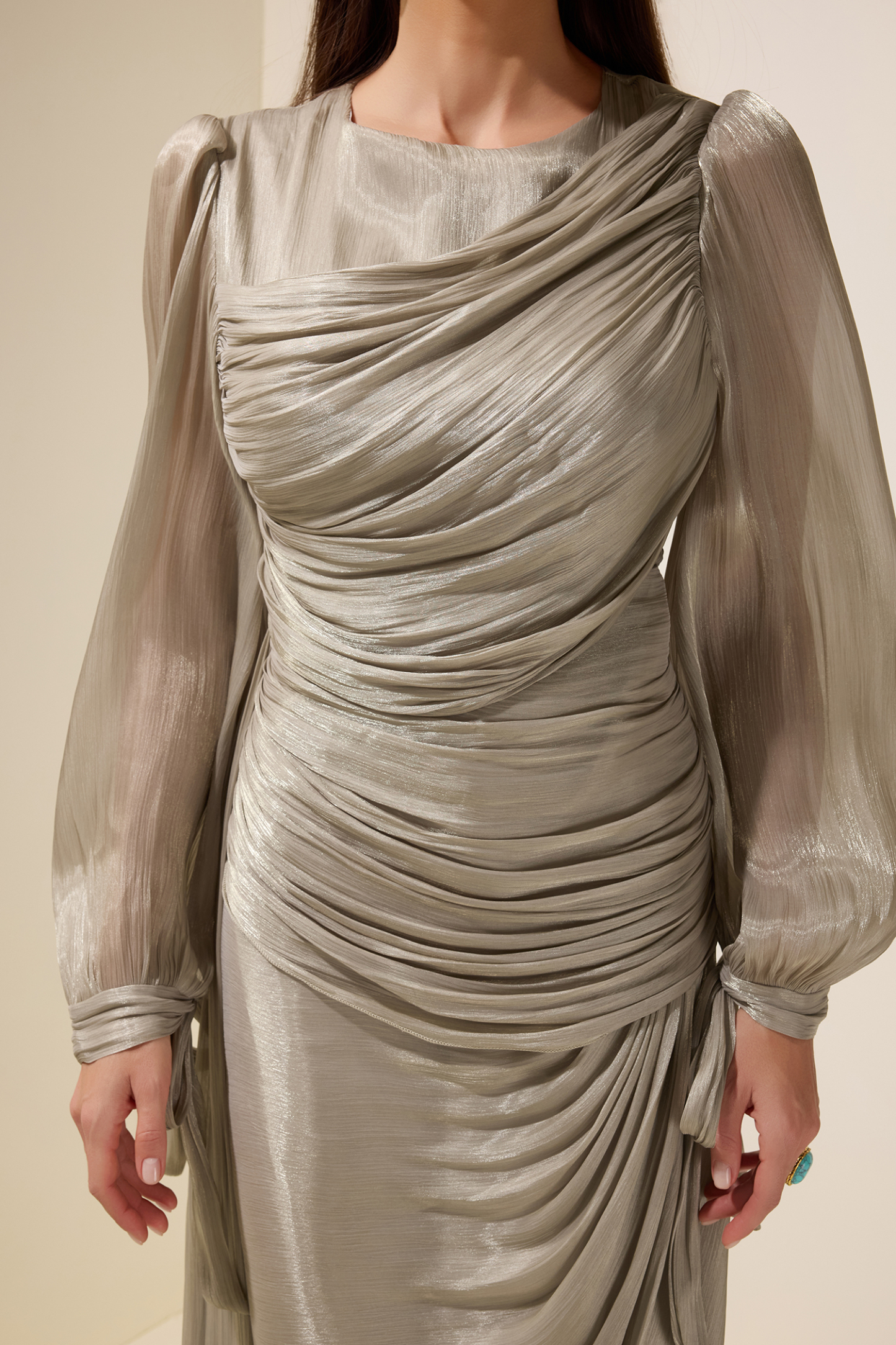 Gathering Lantern Sleeve Lace-Up Maxi Dress