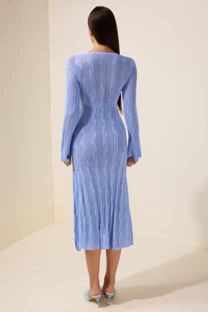 Knit Floral Cut-Out Long Sleeve Midi Dress