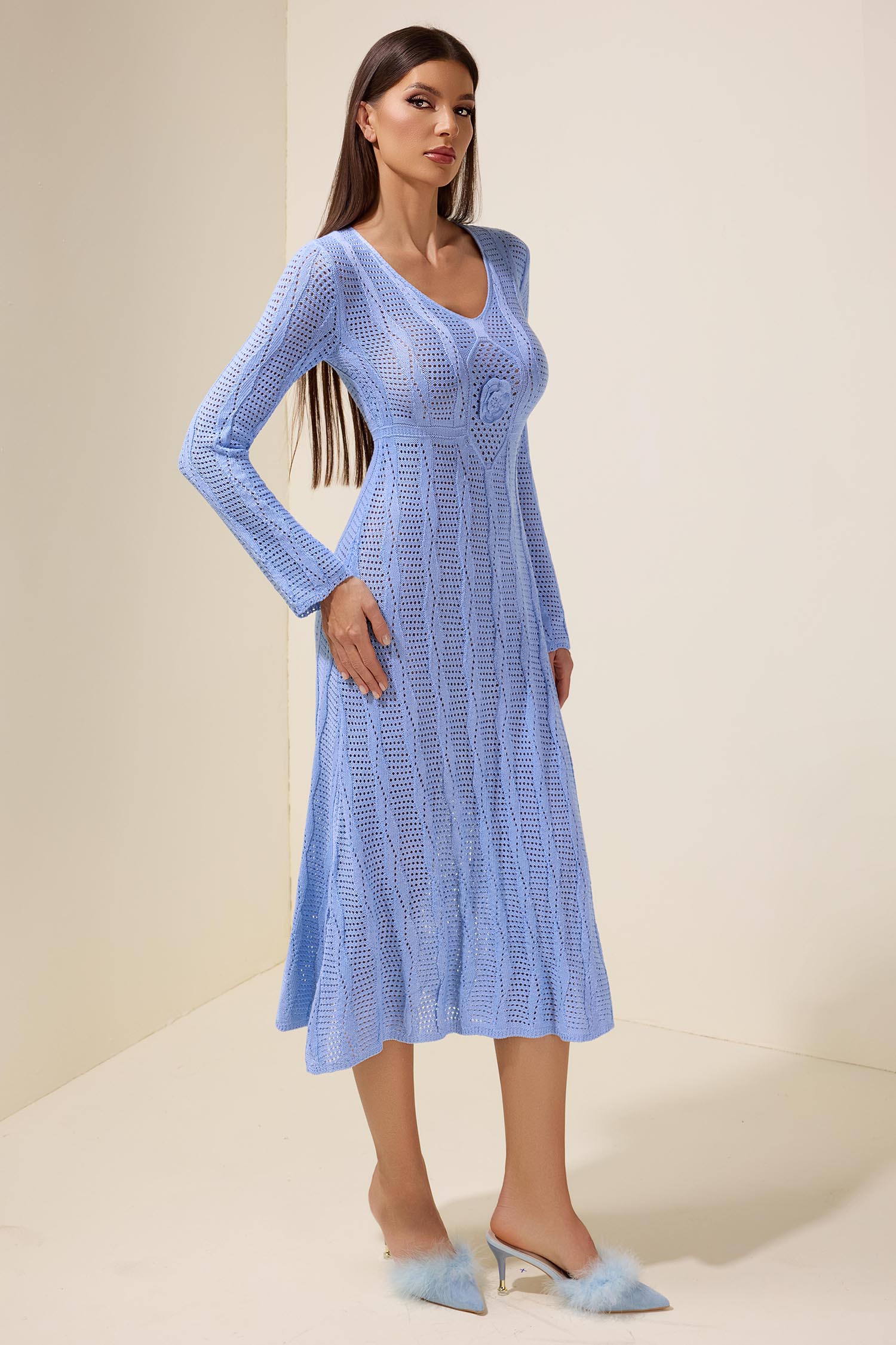 Knit Floral Cut-Out Long Sleeve Midi Dress