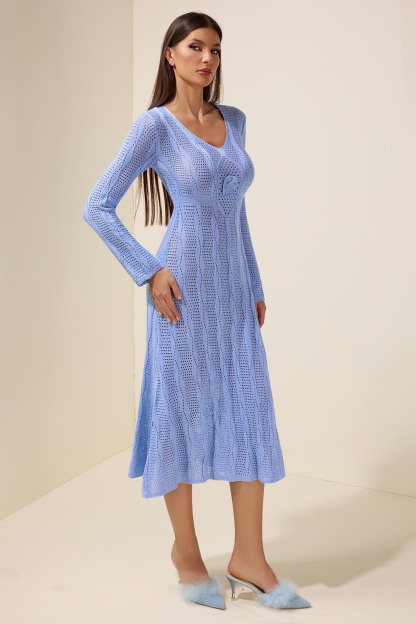 Knit Floral Cut-Out Long Sleeve Midi Dress